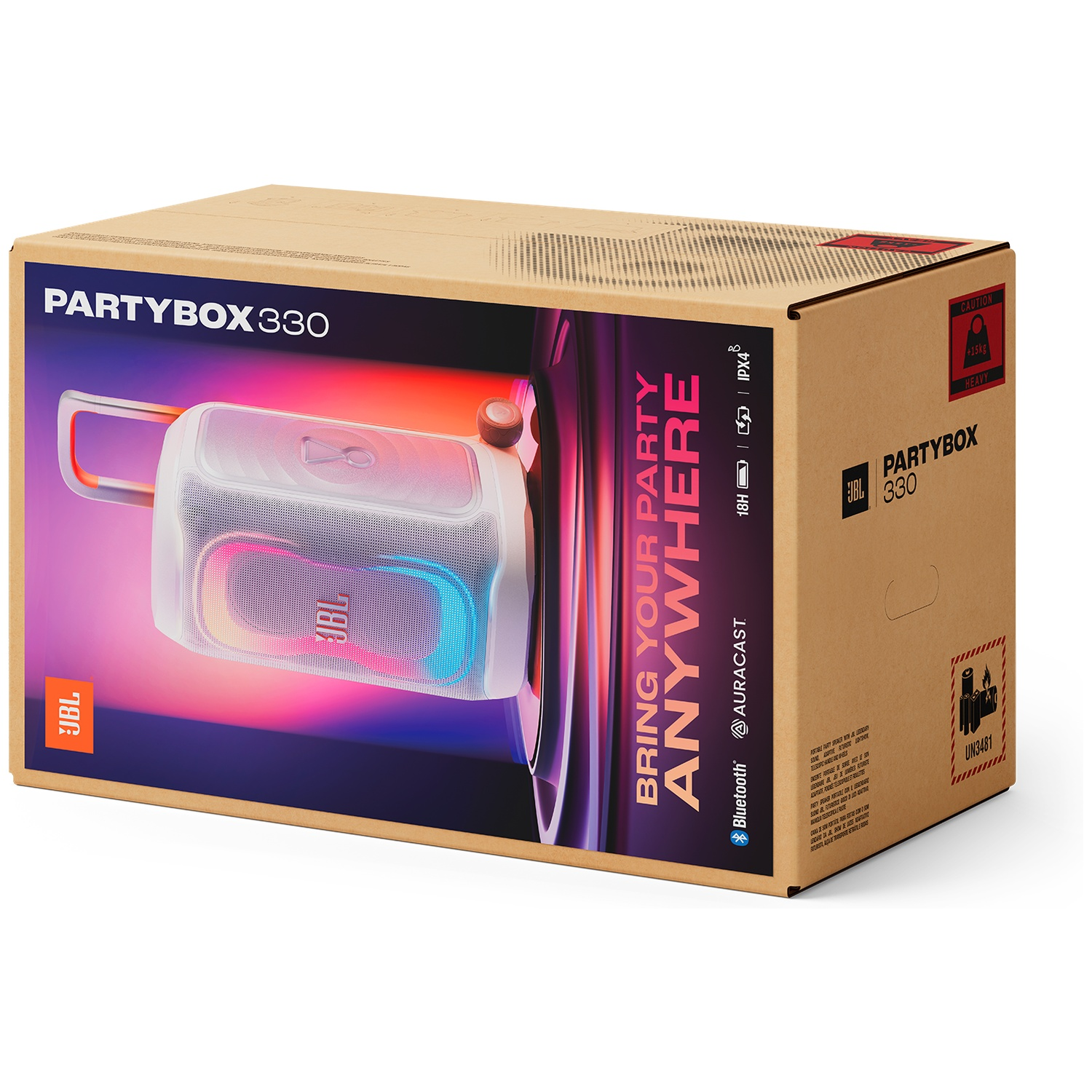 Verpakking JBL Partybox 330 speaker met kleurrijke lichten en handvat.