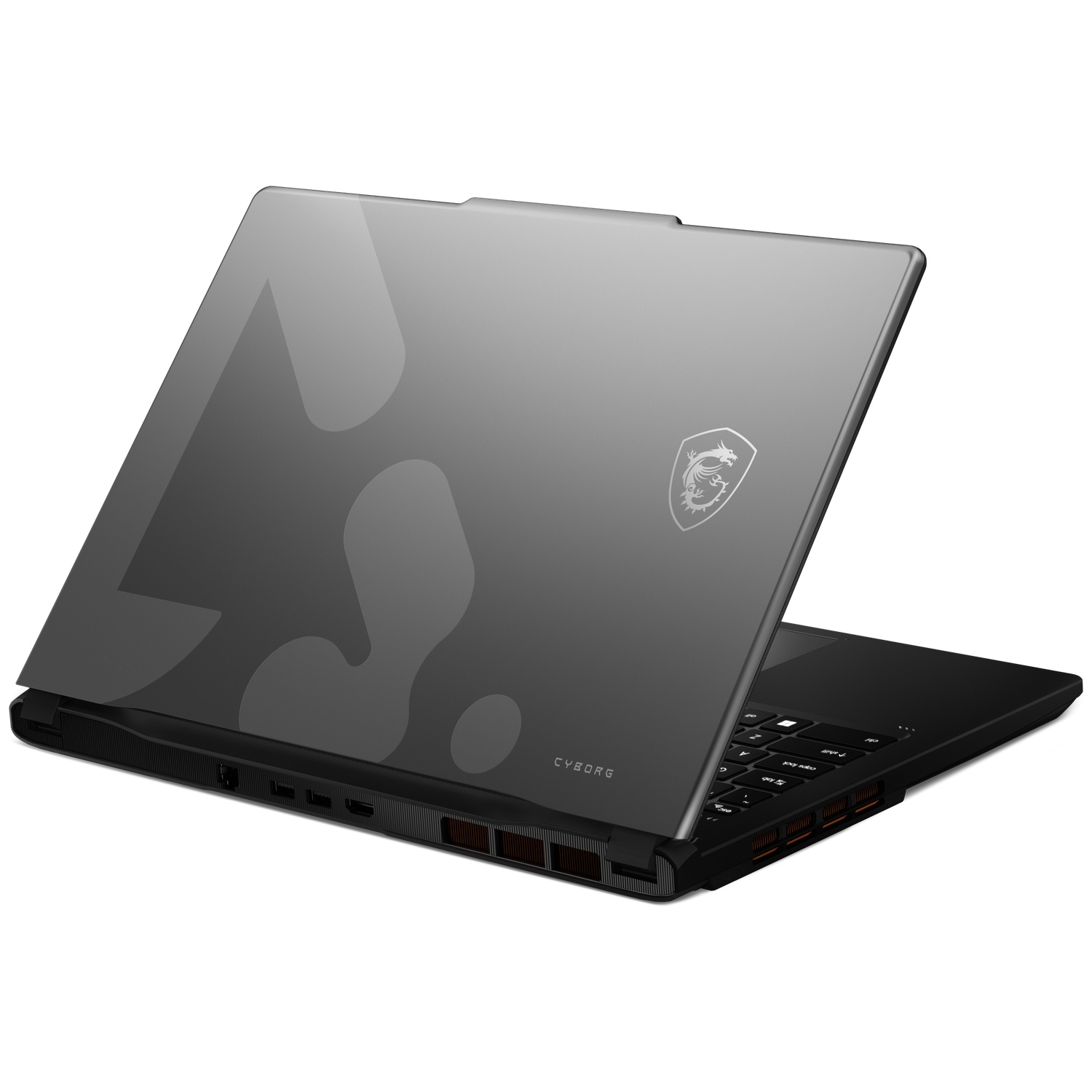 Gray MSI Cyborg laptop with illuminated keyboard, shown from the left.