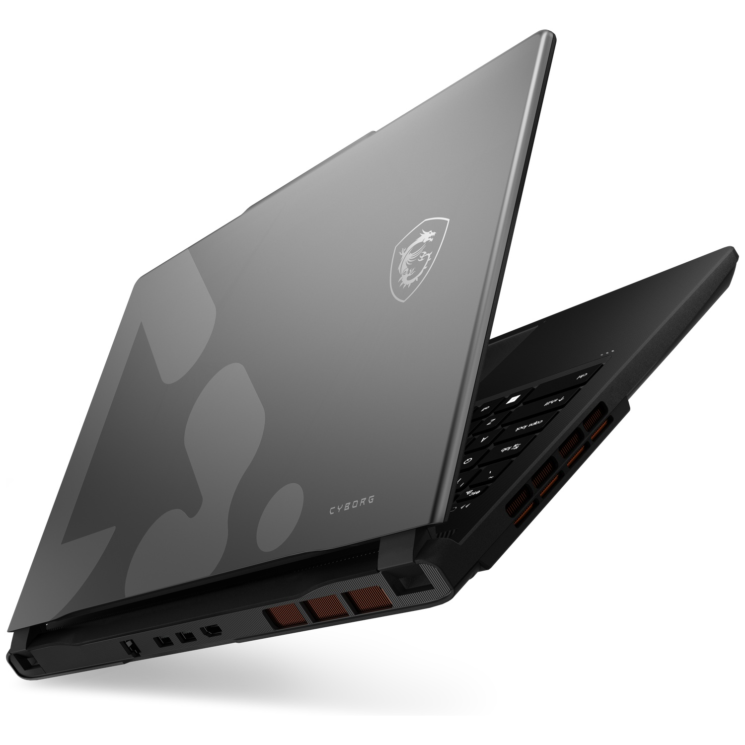 A gray MSI Cyborg laptop is open, showing its keyboard and vents. A dragon logo is on the lid.