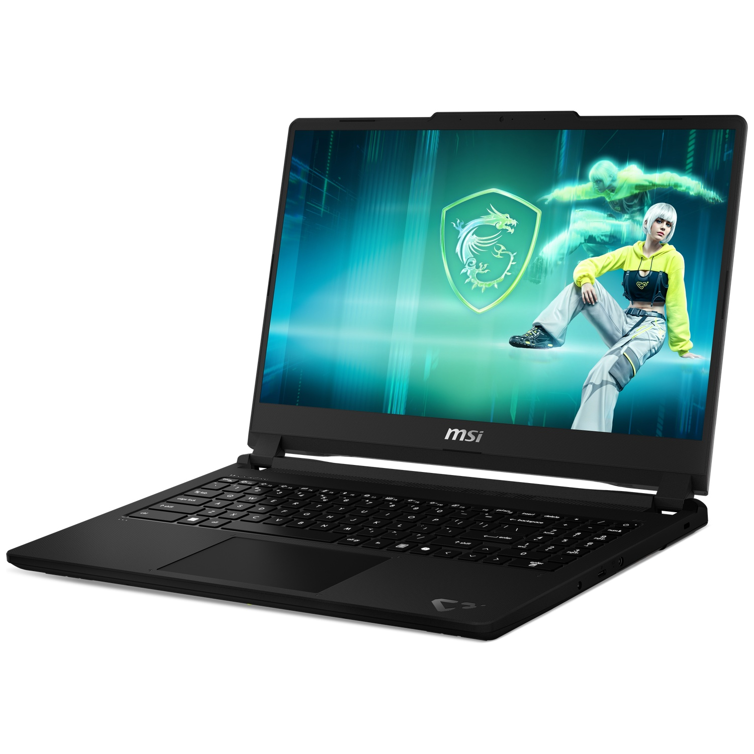 Un ordinateur portable MSI noir est ouvert, affichant un écran vibrant avec un logo de dragon et une femme.