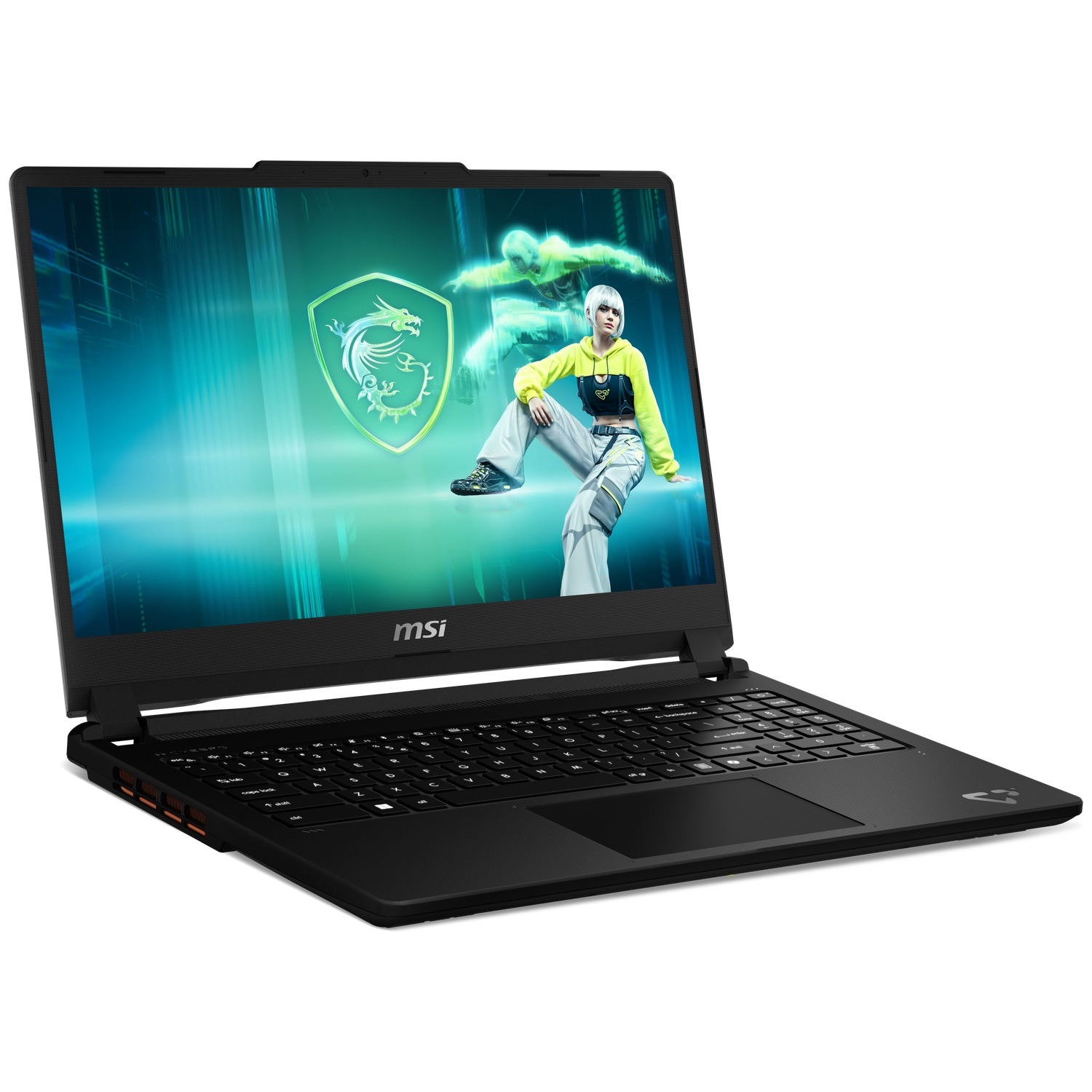 Ordinateur portable MSI noir avec un joueur à l'écran et logo MSI.