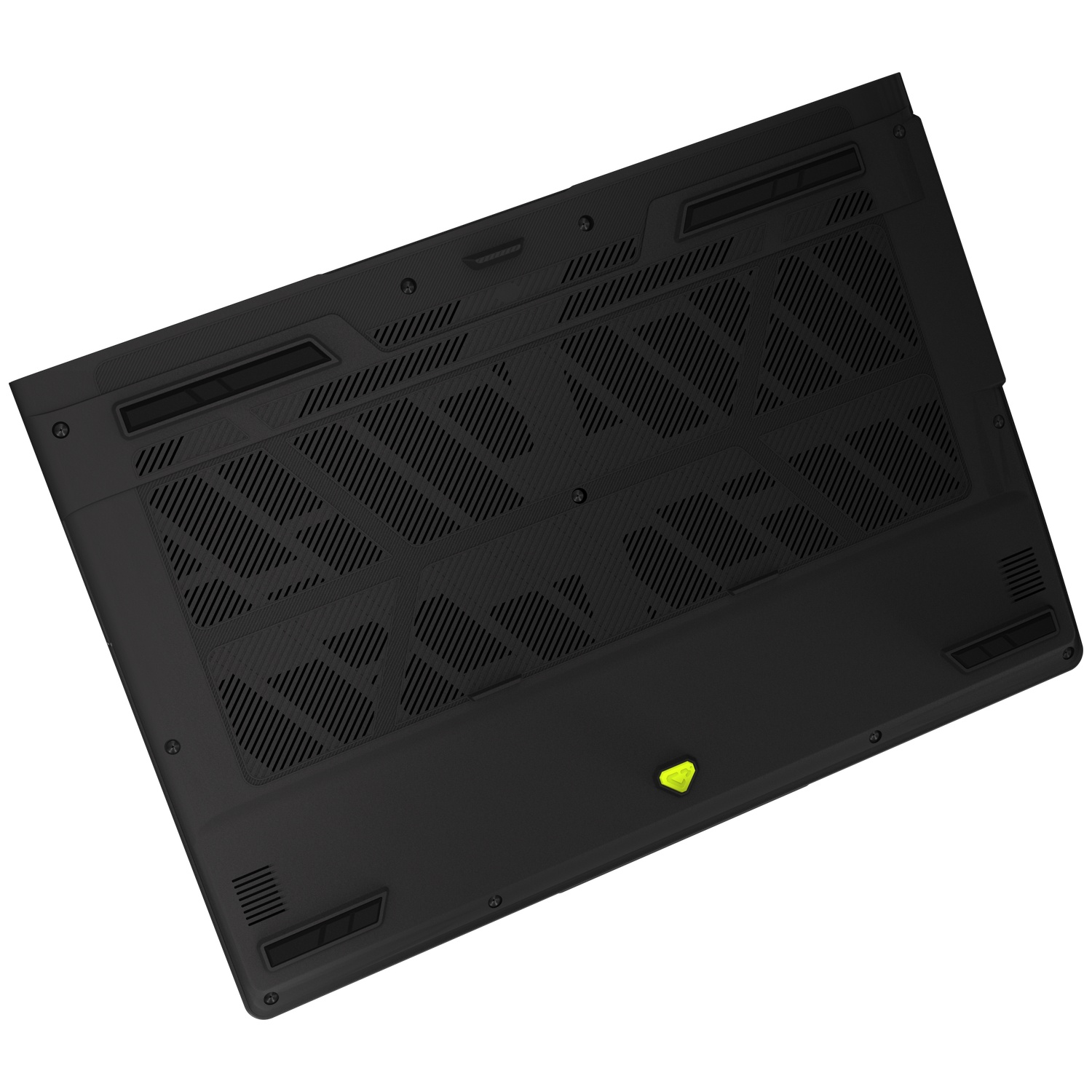 Dessous d'un ordinateur portable noir avec grilles de ventilation et un logo jaune.