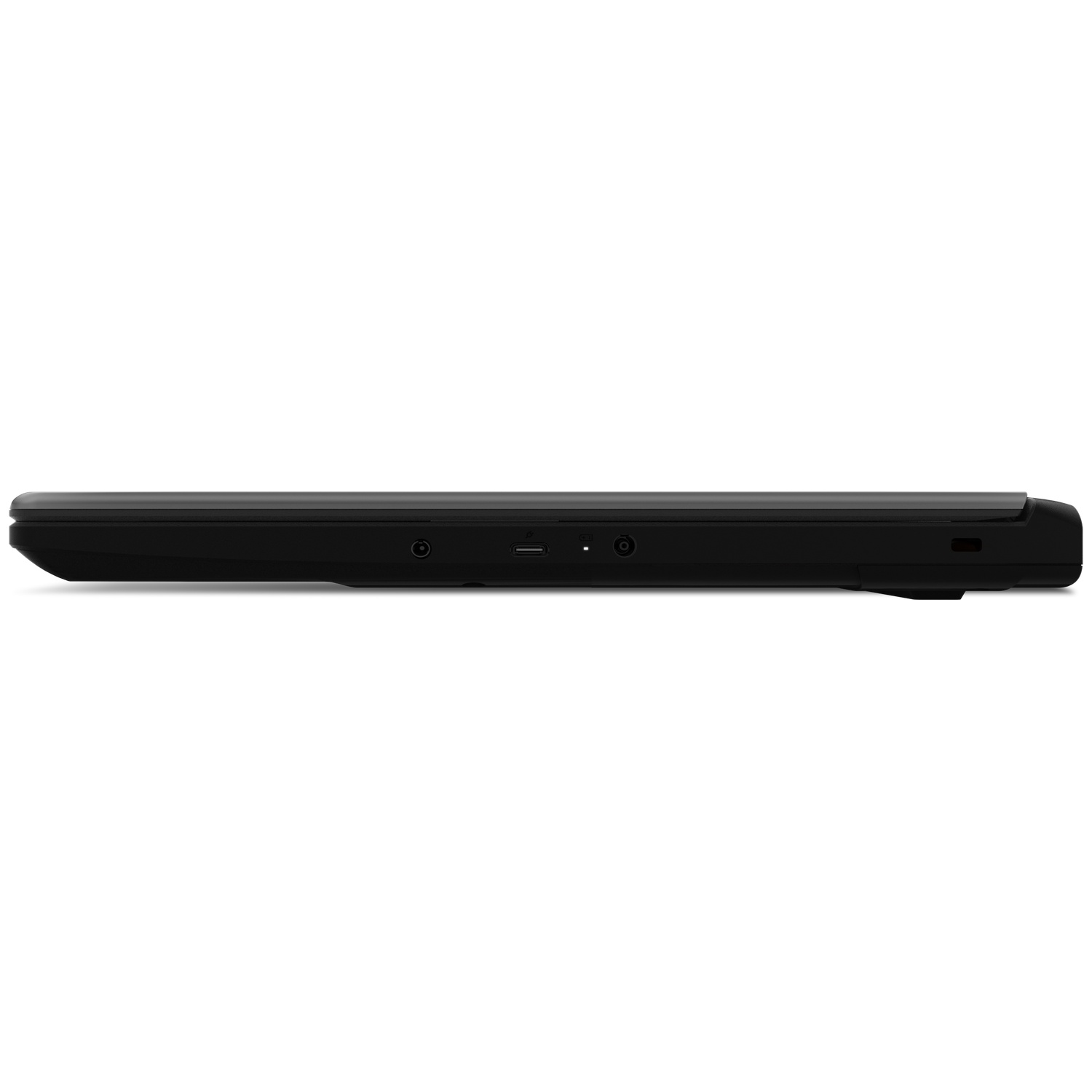 Bord noir d'ordinateur portable avec ports : USB-C, prise jack et grille.