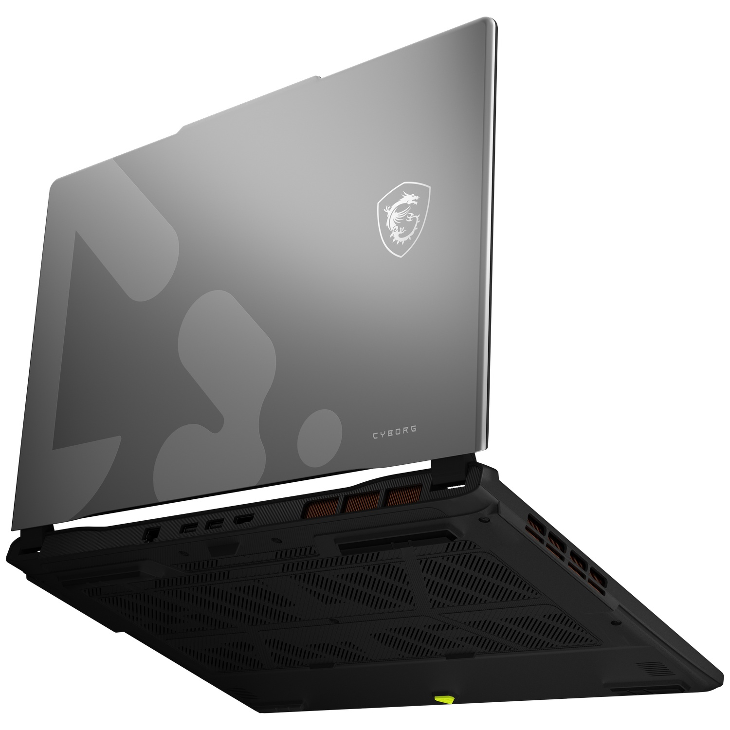 Un ordinateur portable MSI Cyborg argenté, couvercle ouvert, montrant évents et ports sur la base.