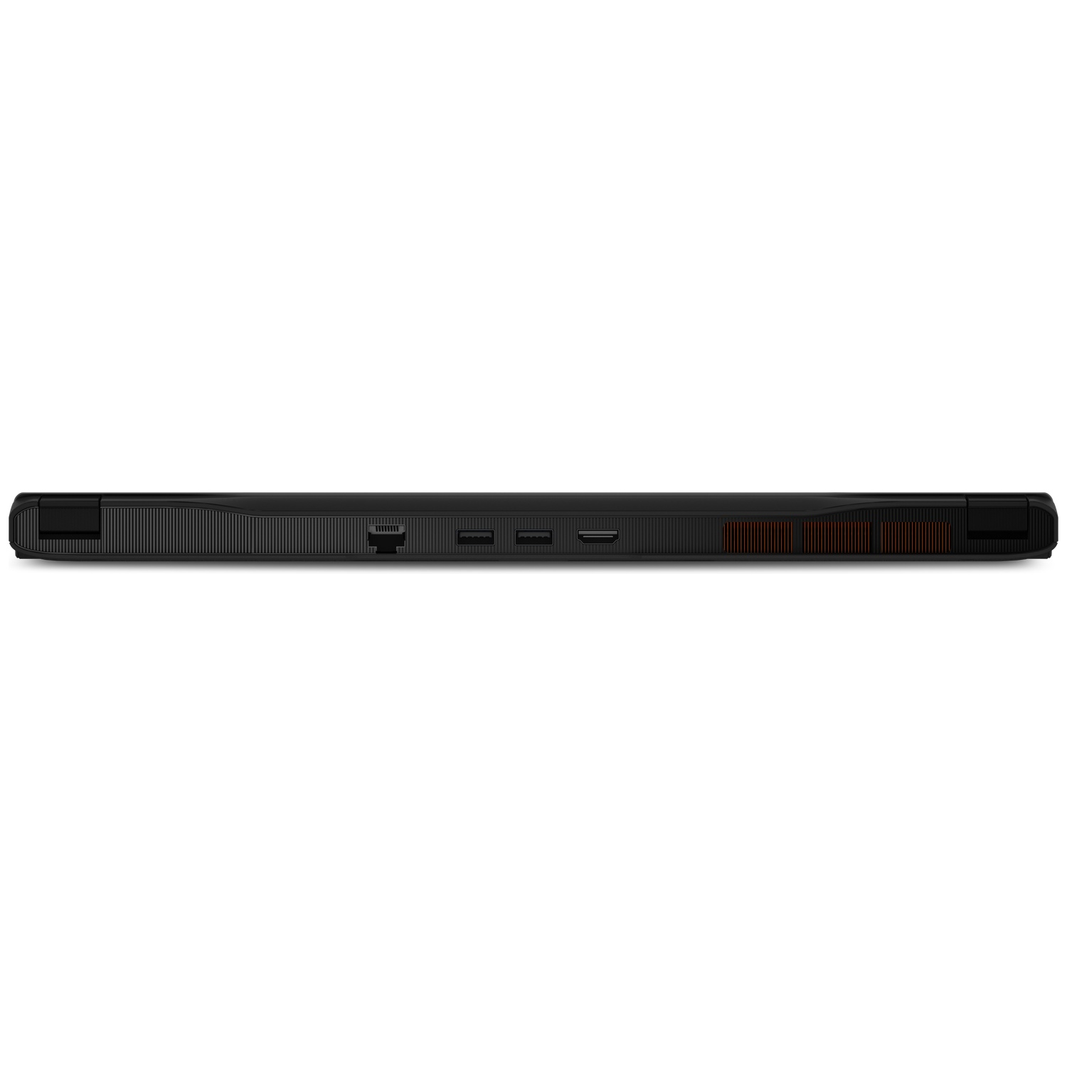 Black laptop with ports and ventilation slots.