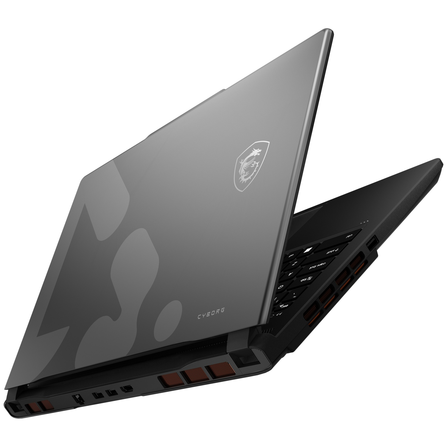 A gray MSI Cyborg laptop with a dragon logo and camouflage pattern is open.