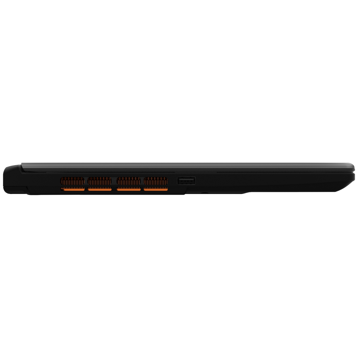 Side view of a black laptop with vents and a USB port.