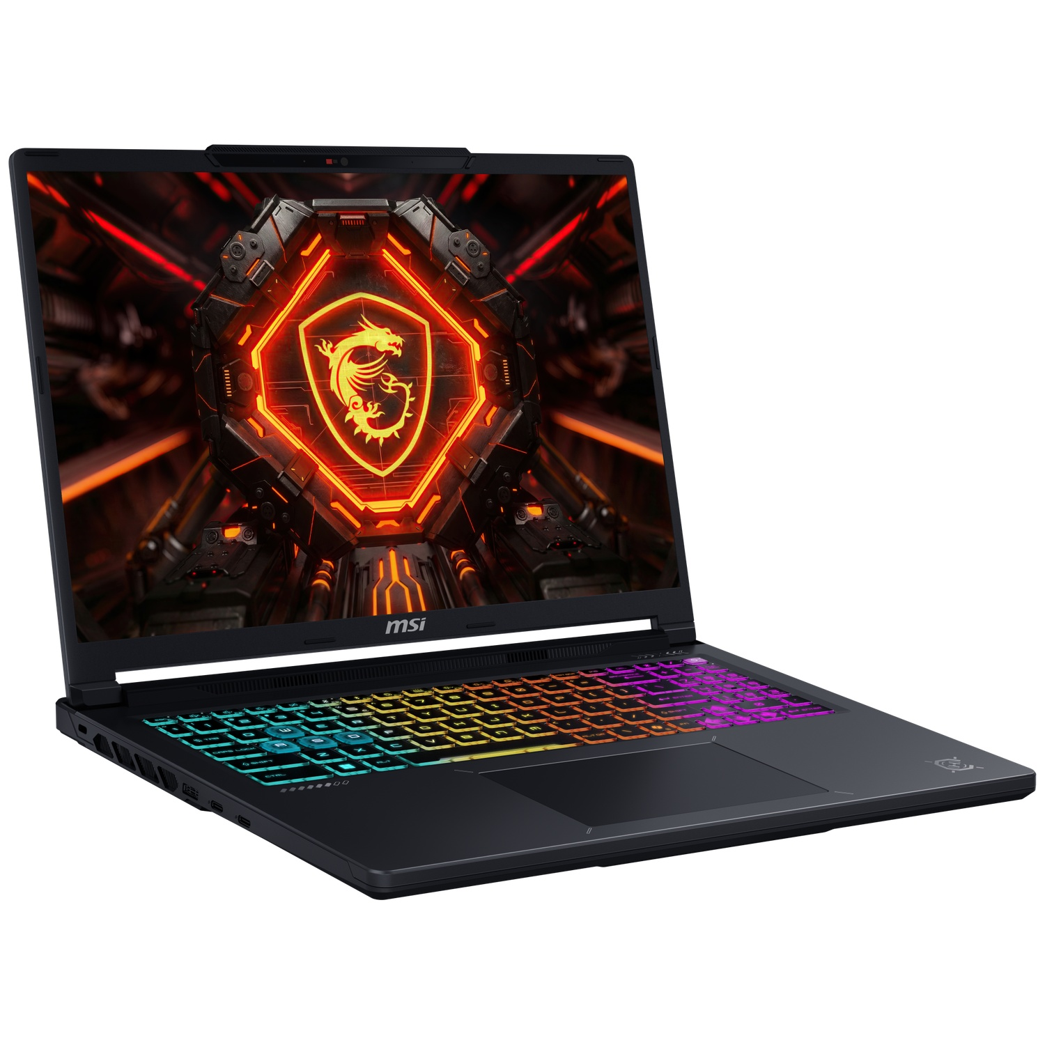 Black MSI gaming laptop with illuminated keyboard and dragon logo on screen.
