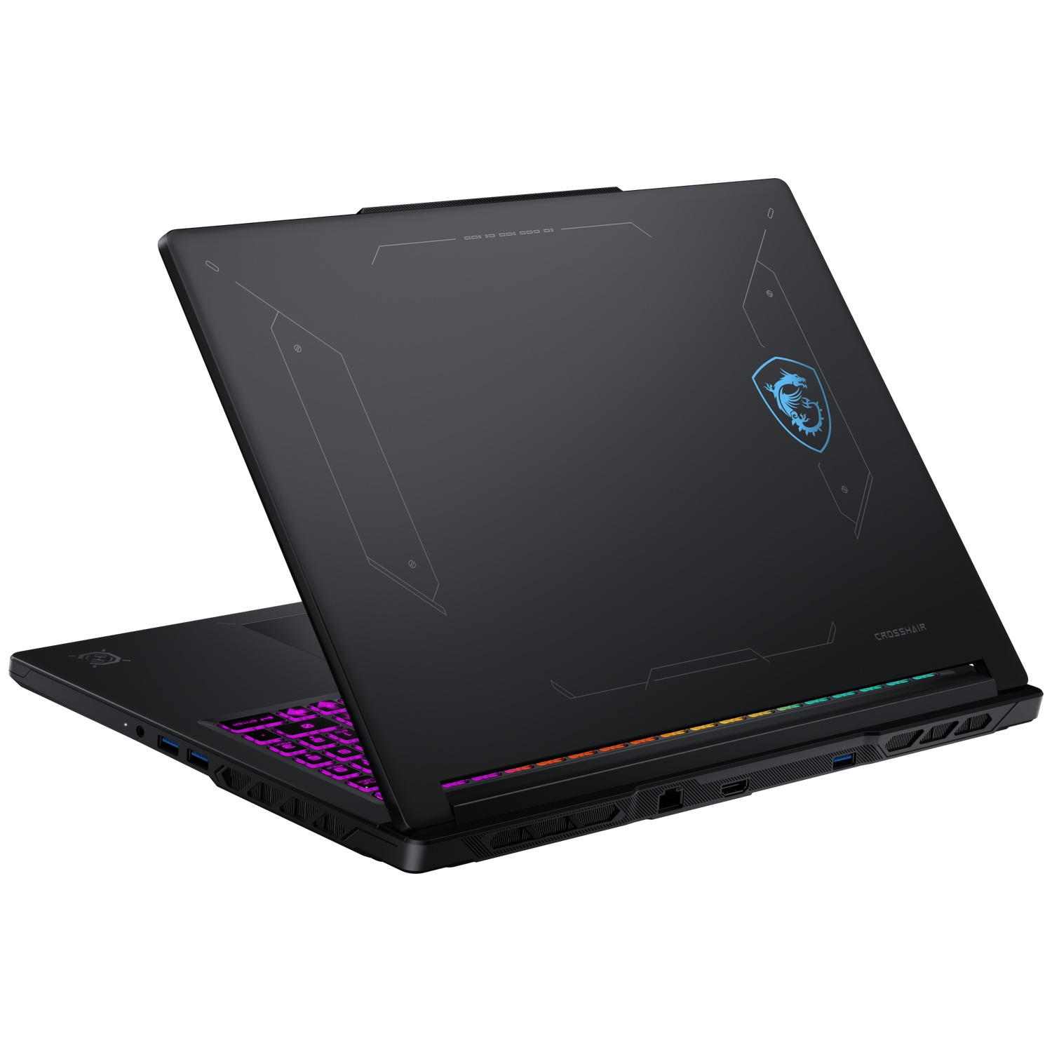 Black gaming laptop with illuminated keyboard and dragon logo.