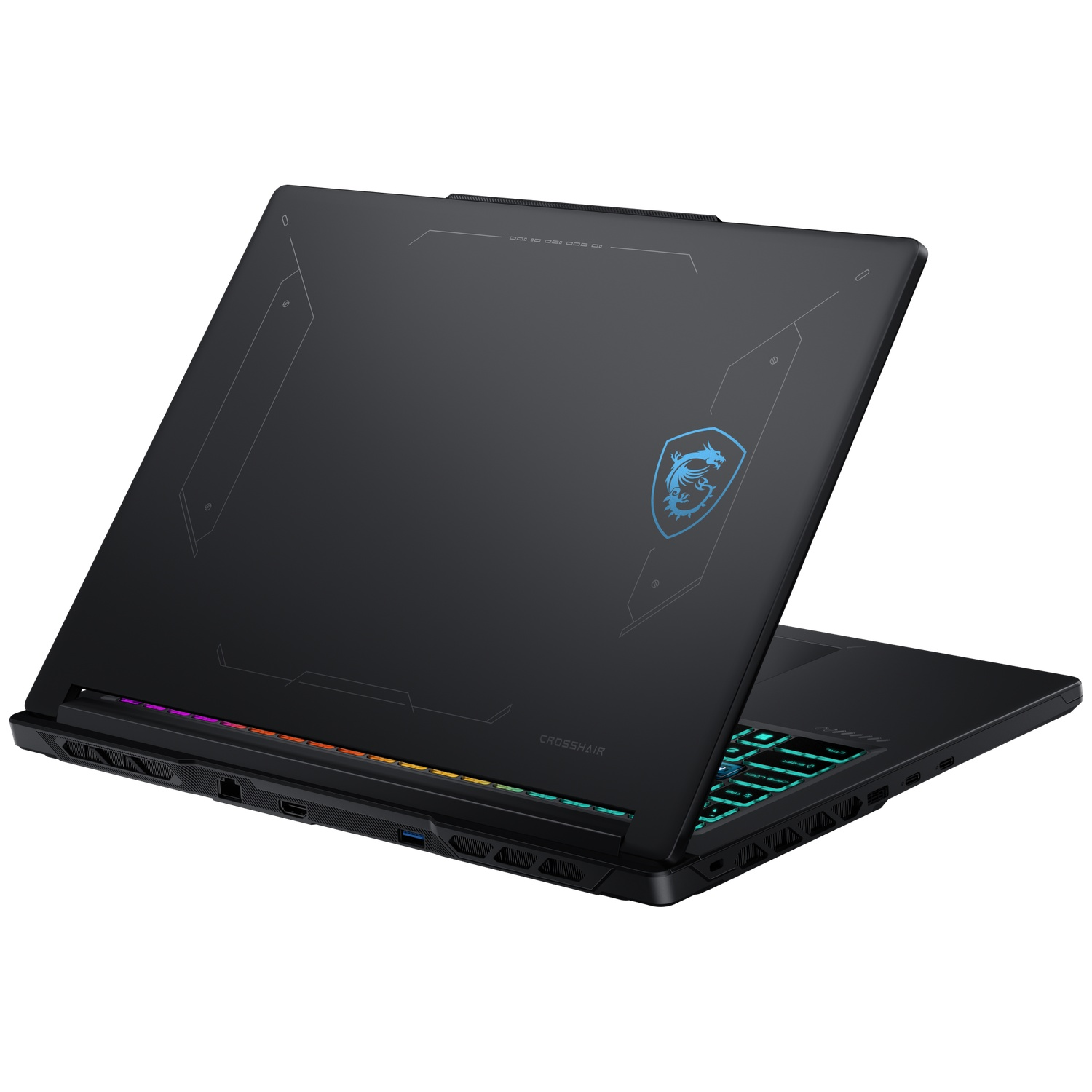Black laptop with illuminated keyboard and blue dragon logo on the lid.