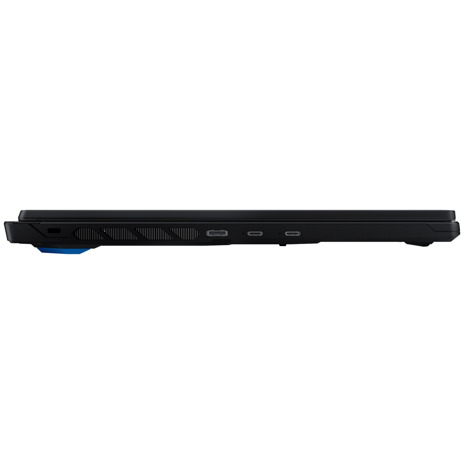Side of a black laptop with a blue vent and ports visible.