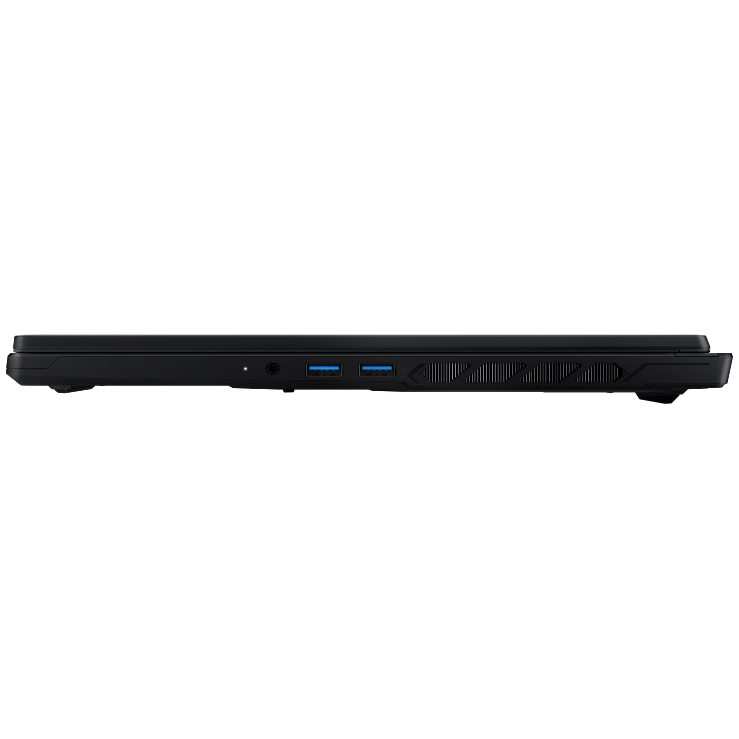 Side view of a black laptop showing ports and ventilation slits.
