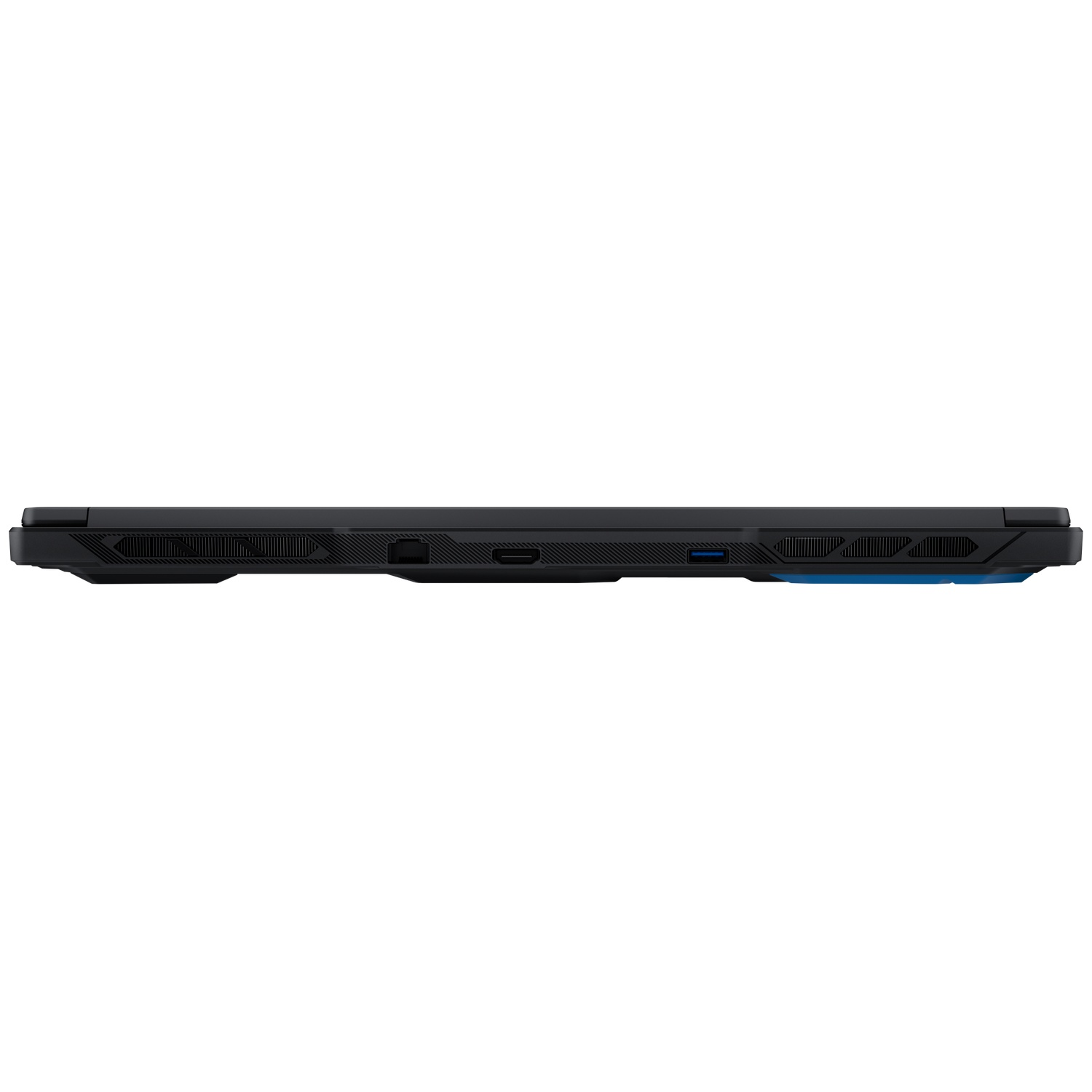 A close-up of the left side of a black laptop with blue accents and ports.