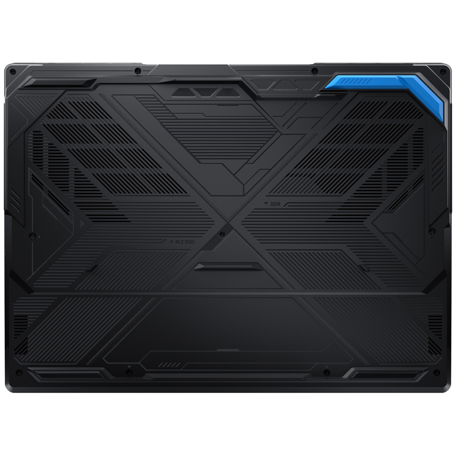 Black laptop bottom with vents and a blue accent.