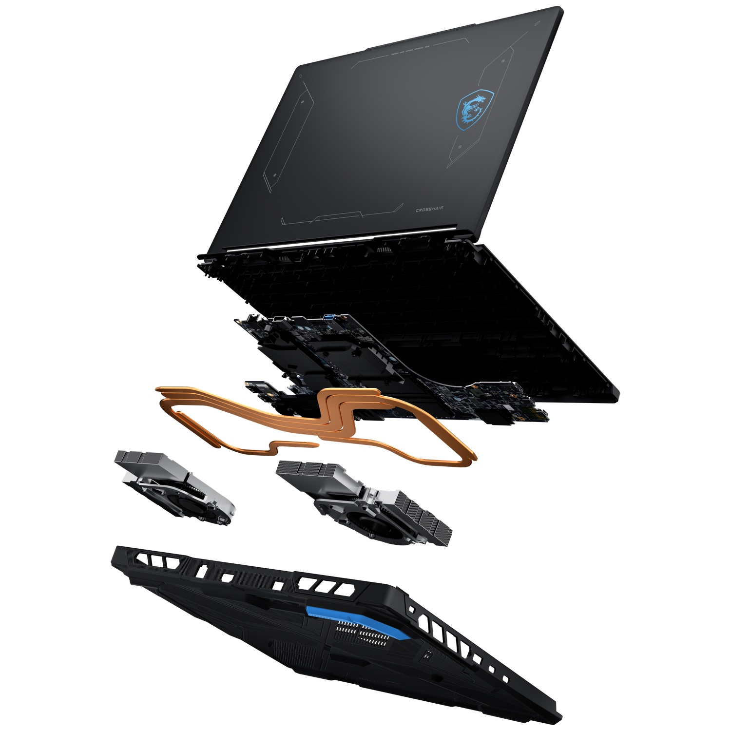 Exploded view of a black laptop. Components include motherboard, copper heat pipes, fans, and base.