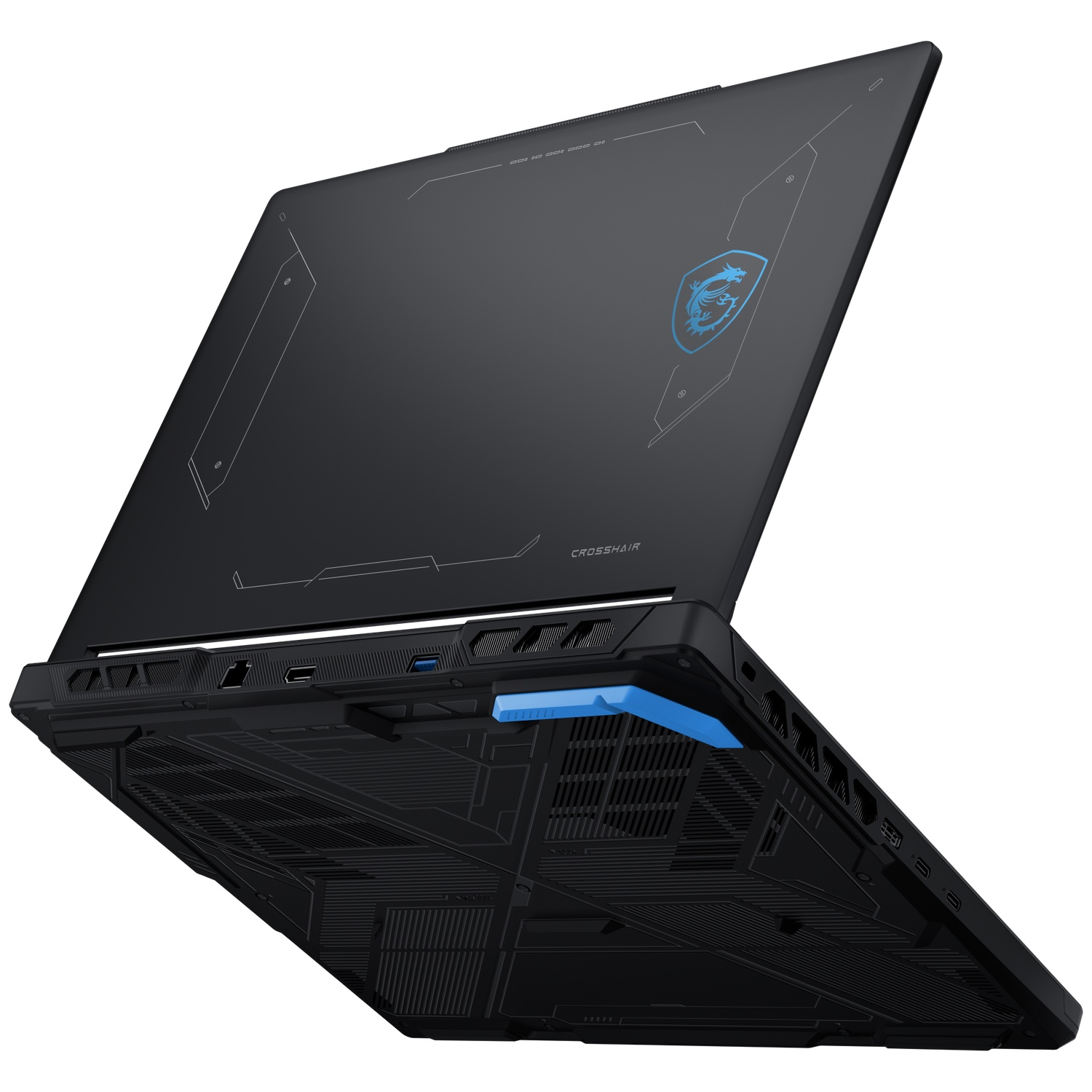 Black laptop with blue logo, open, showing underside and ports.