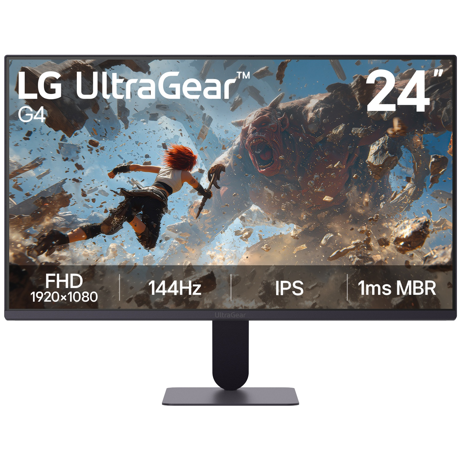 LG UltraGear 24" monitor displays a fierce battle between a woman and a monster.