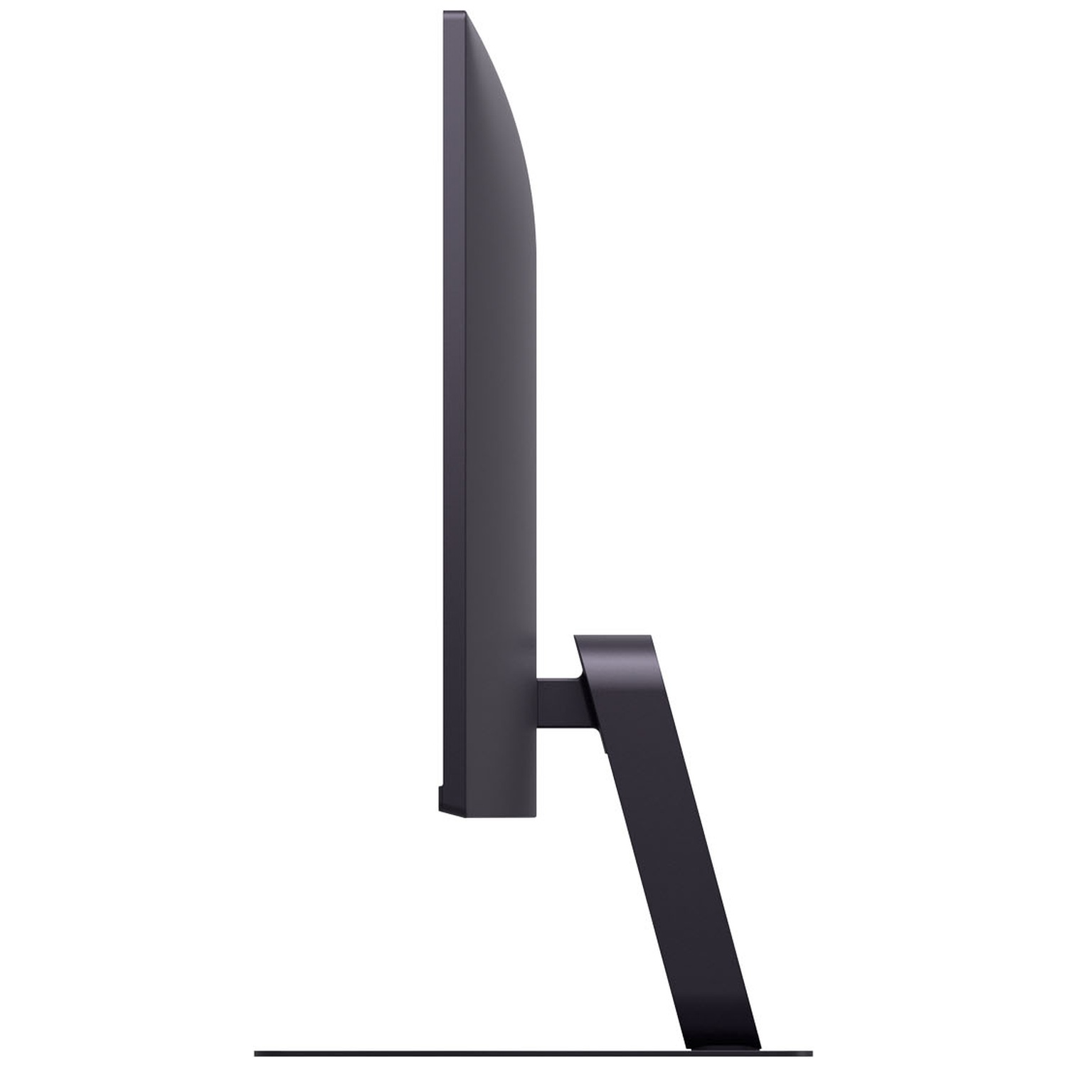 A dark gray monitor seen from the side, resting on a sleek stand.