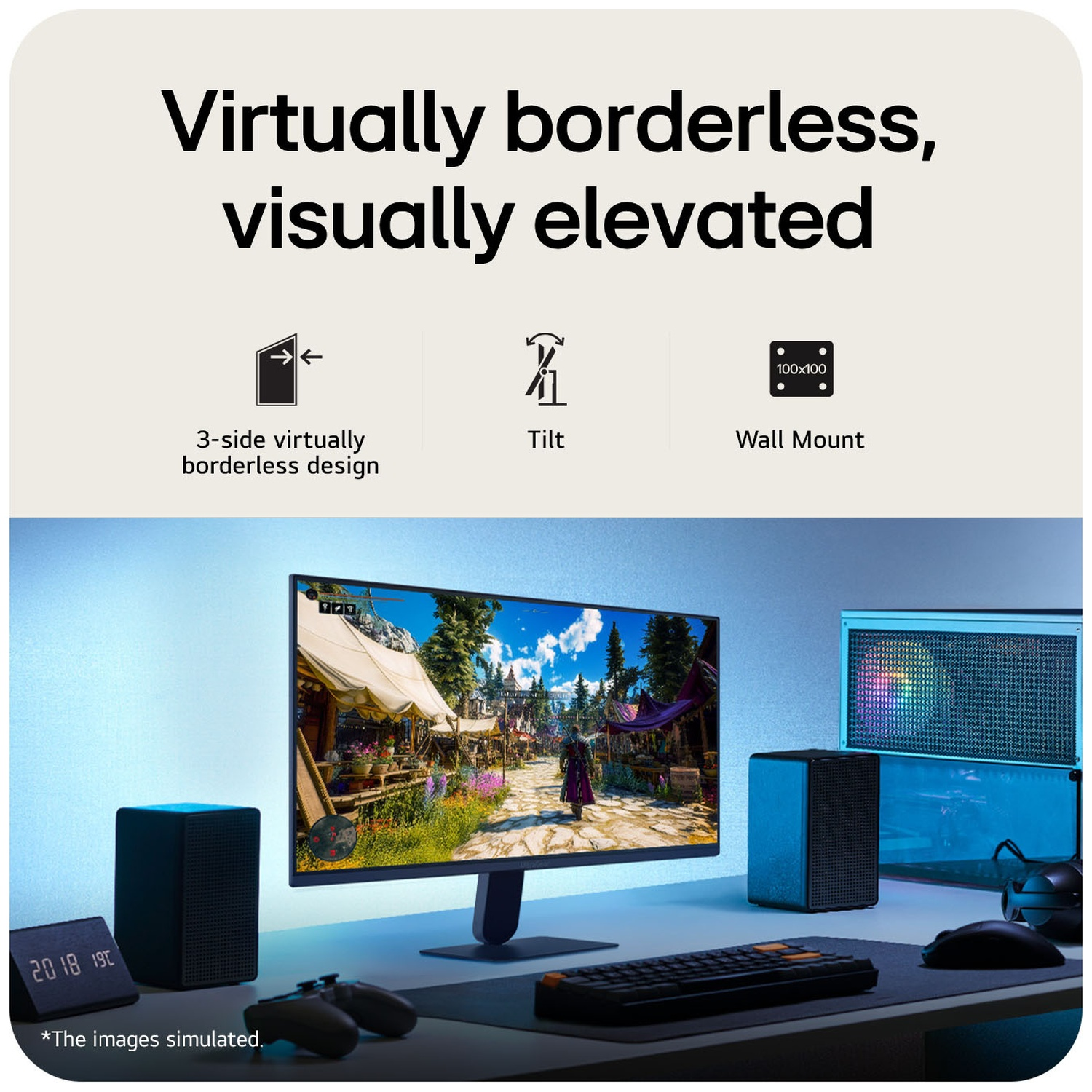 A desk with a monitor, speakers, keyboard, and mouse.