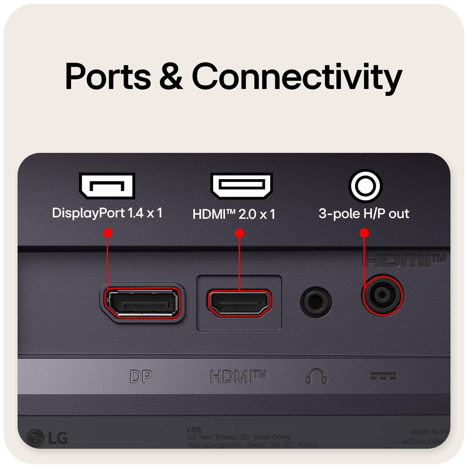Ports & Connectivity: DisplayPort 1.4, HDMI 2.0, and 3-pole H/P out.