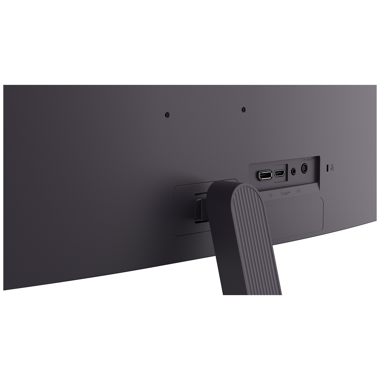Back of a black monitor showing ports: DP, HDMI, Audio, and USB.