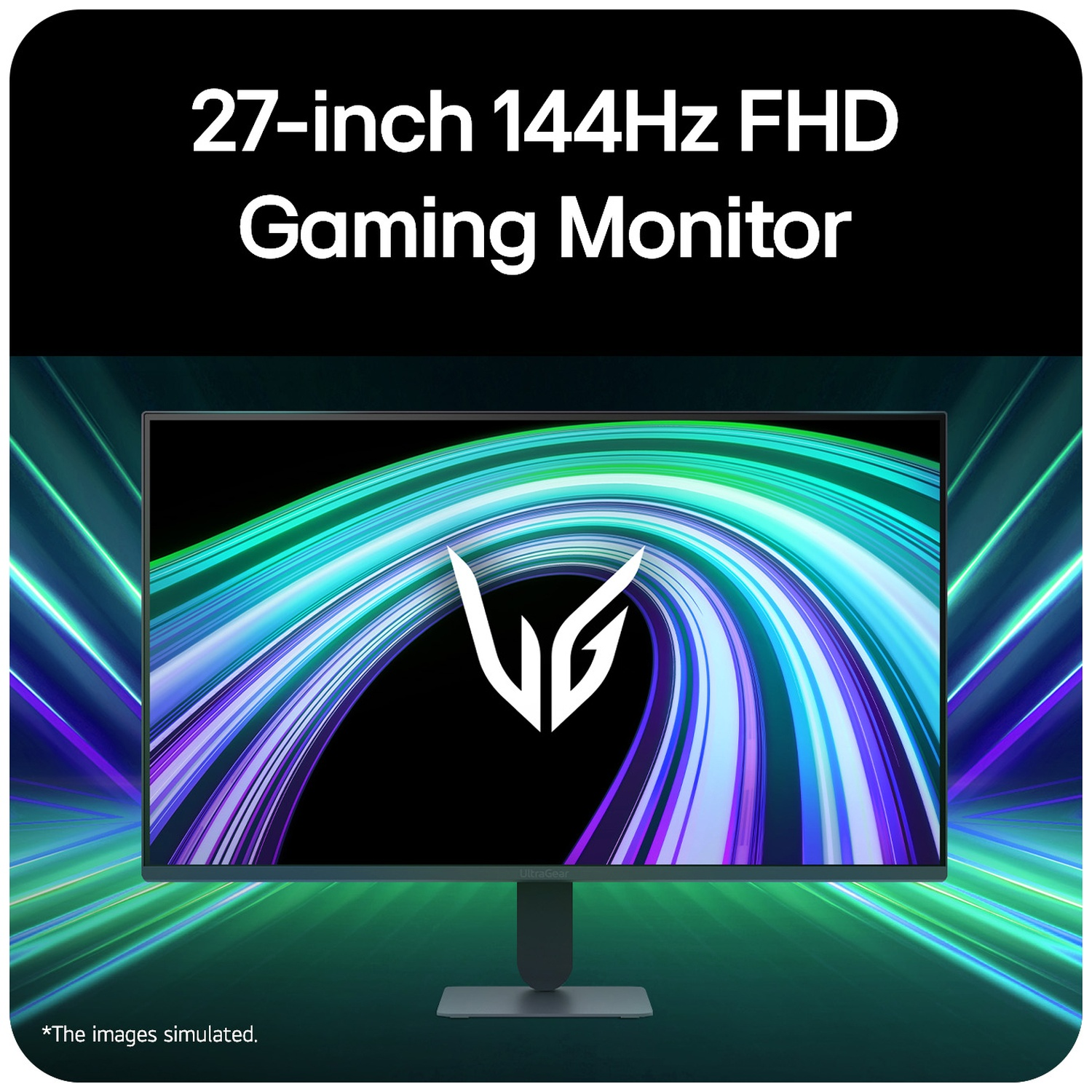 A 27-inch 144Hz FHD gaming monitor with a colorful, abstract wallpaper.