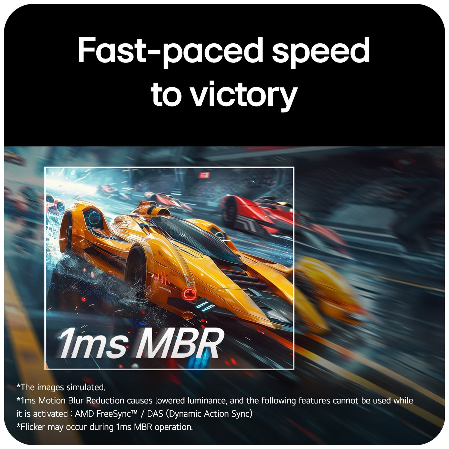 A yellow race car drives on a track, text "1ms MBR".