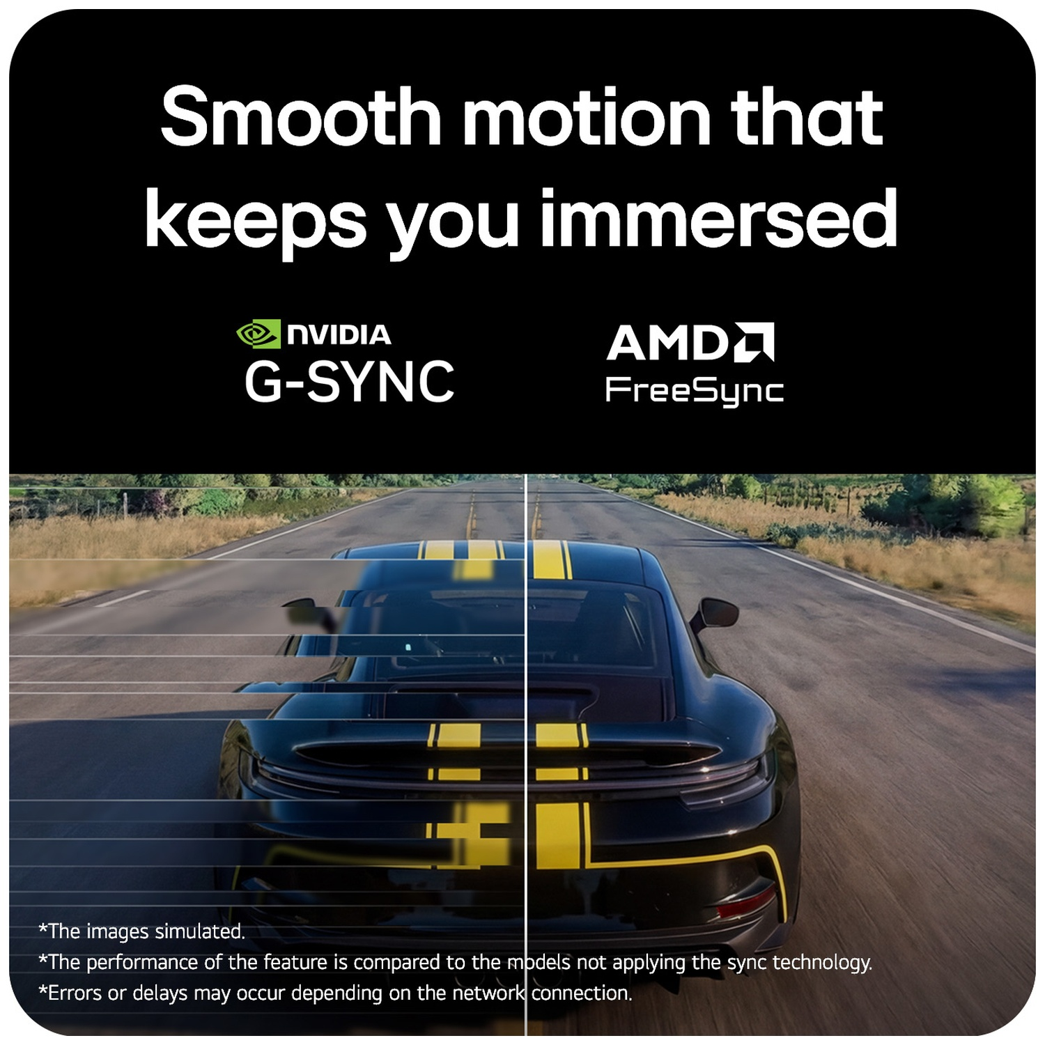 Black car with yellow stripes on road, NVIDIA G-SYNC & AMD FreeSync logos.