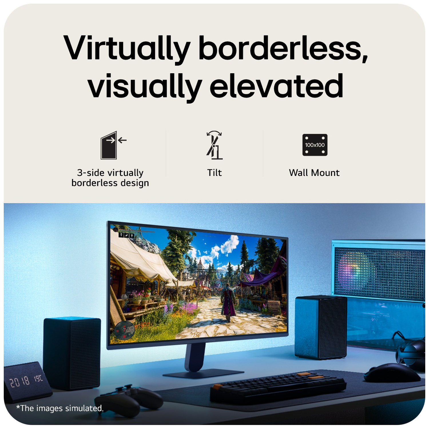 A desk with a nearly borderless monitor, speakers, and keyboard.