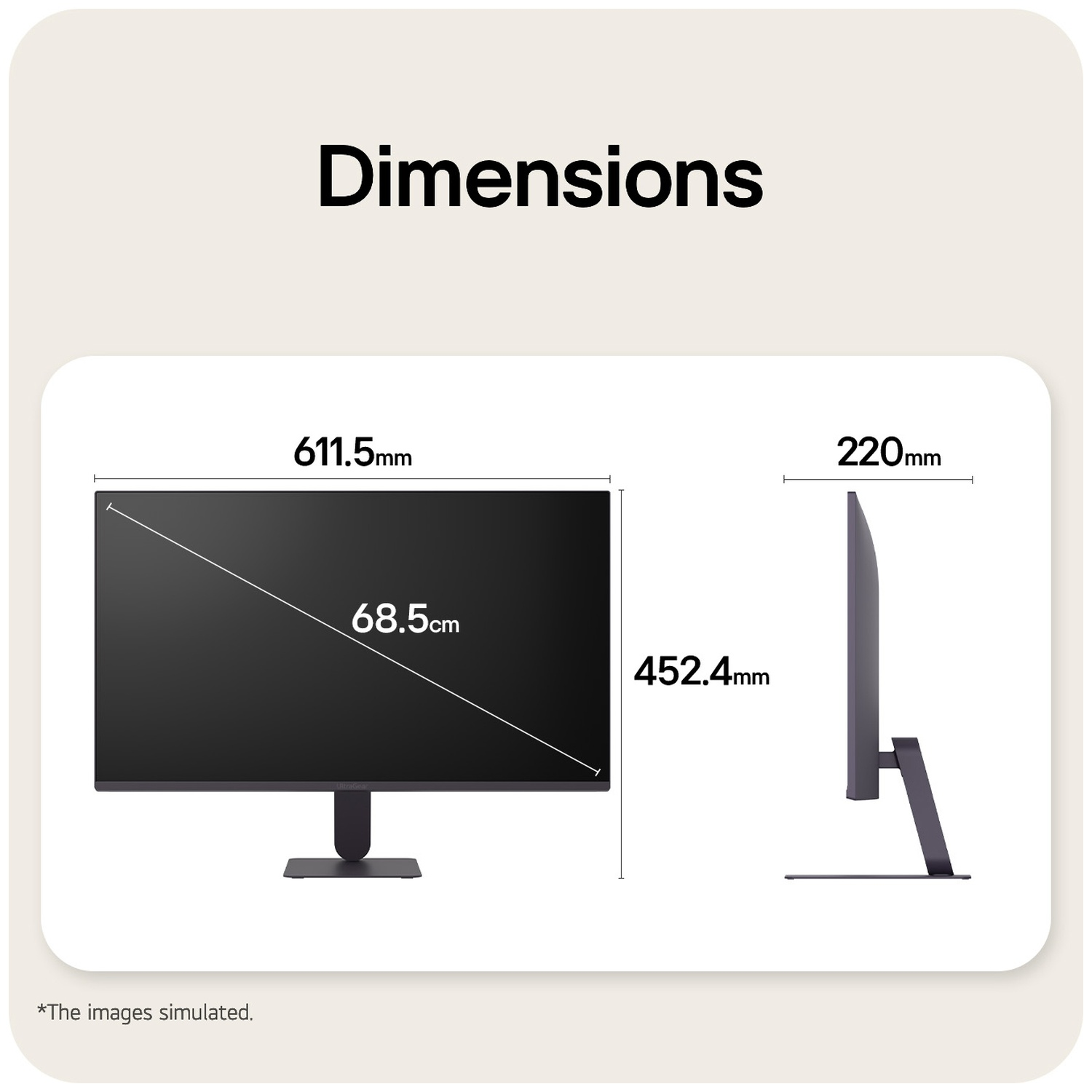 Monitor dimensions: 611.5mm width, 452.4mm height, 220mm depth.