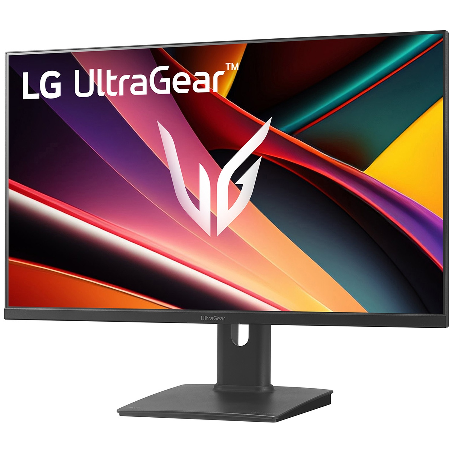 LG UltraGear monitor with a vibrant, abstract wallpaper and a stylized white logo.