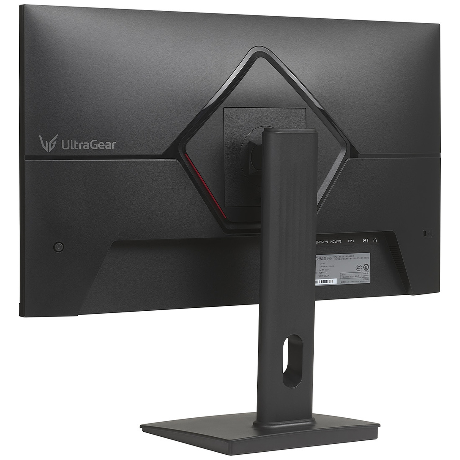 Back of a black LG UltraGear monitor with ports and stand.