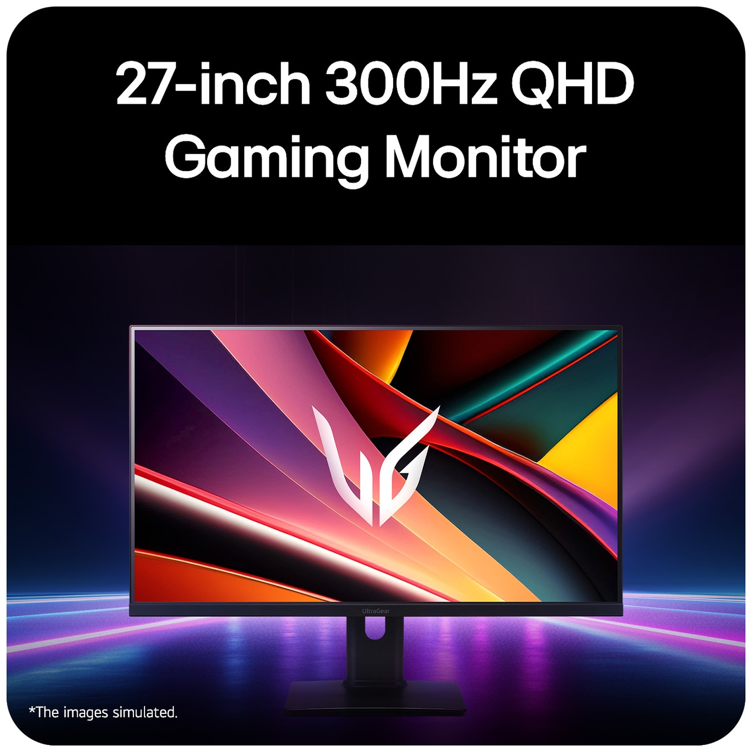 A 27-inch 300Hz gaming monitor is displayed on a dark stand with an abstract background.