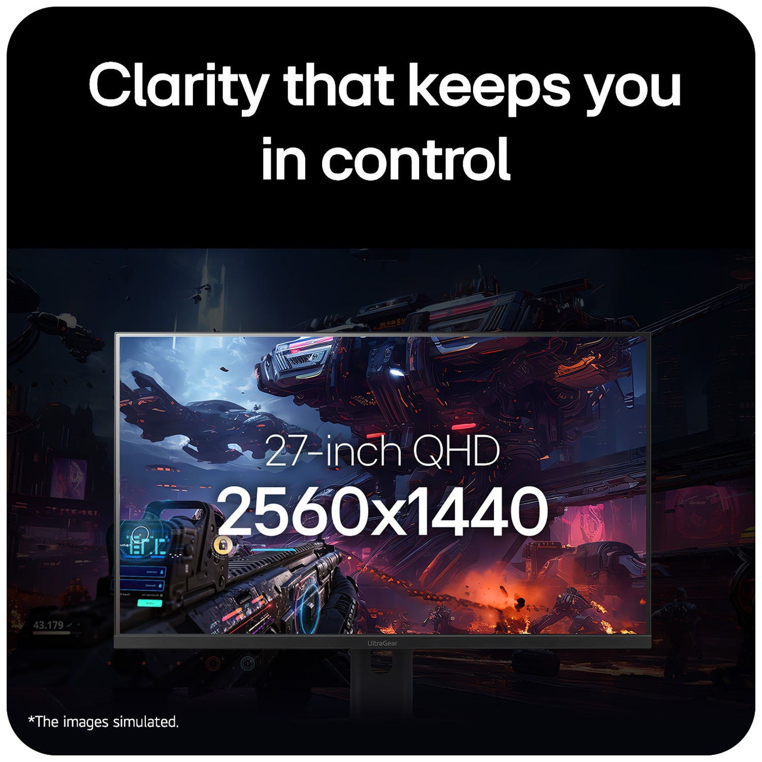 A 27-inch gaming monitor displays a space battle with ships and weapons.