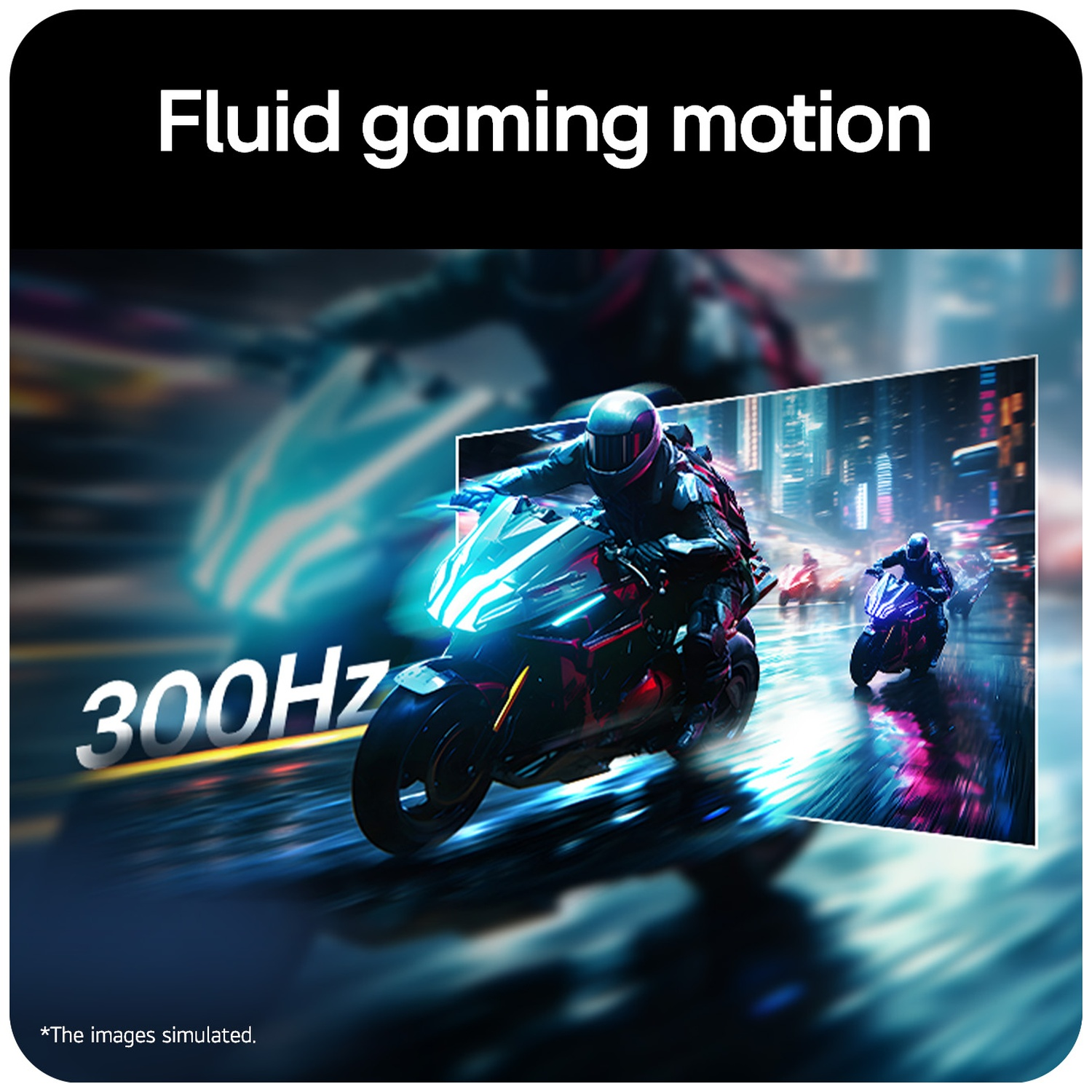 Motorcycles with neon lights race through a city at night. 300Hz.