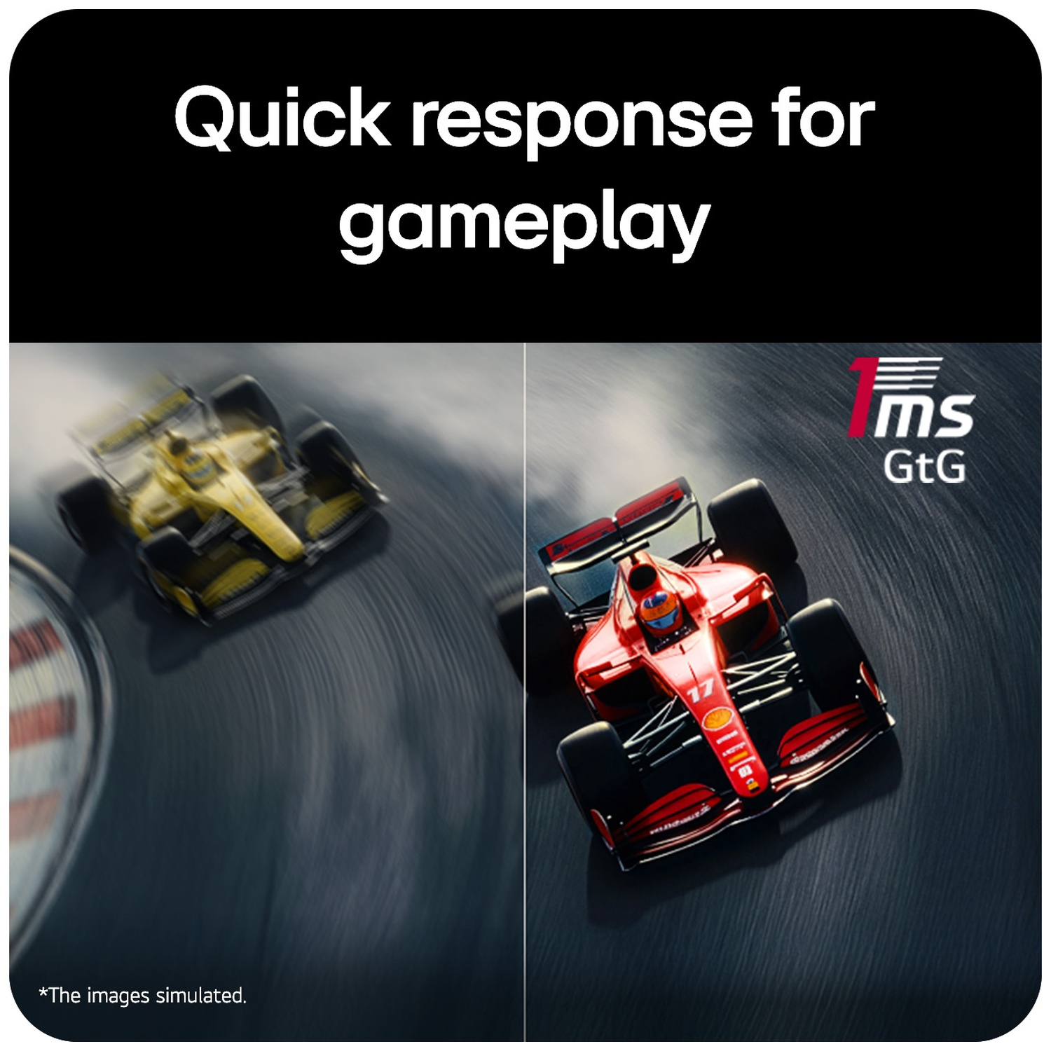 Two F1 cars on a track, one yellow, one red. Text: Quick response for gameplay.