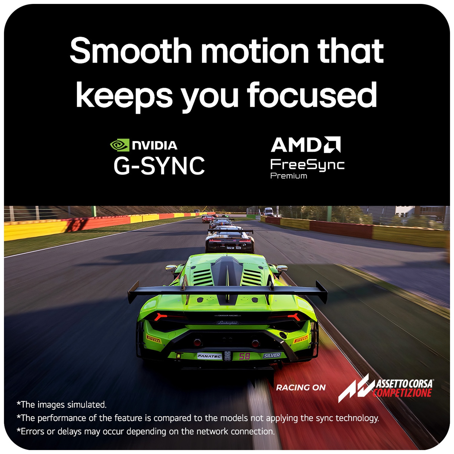 A bright green race car drives on a race track, with text 'Smooth motion' and logos.