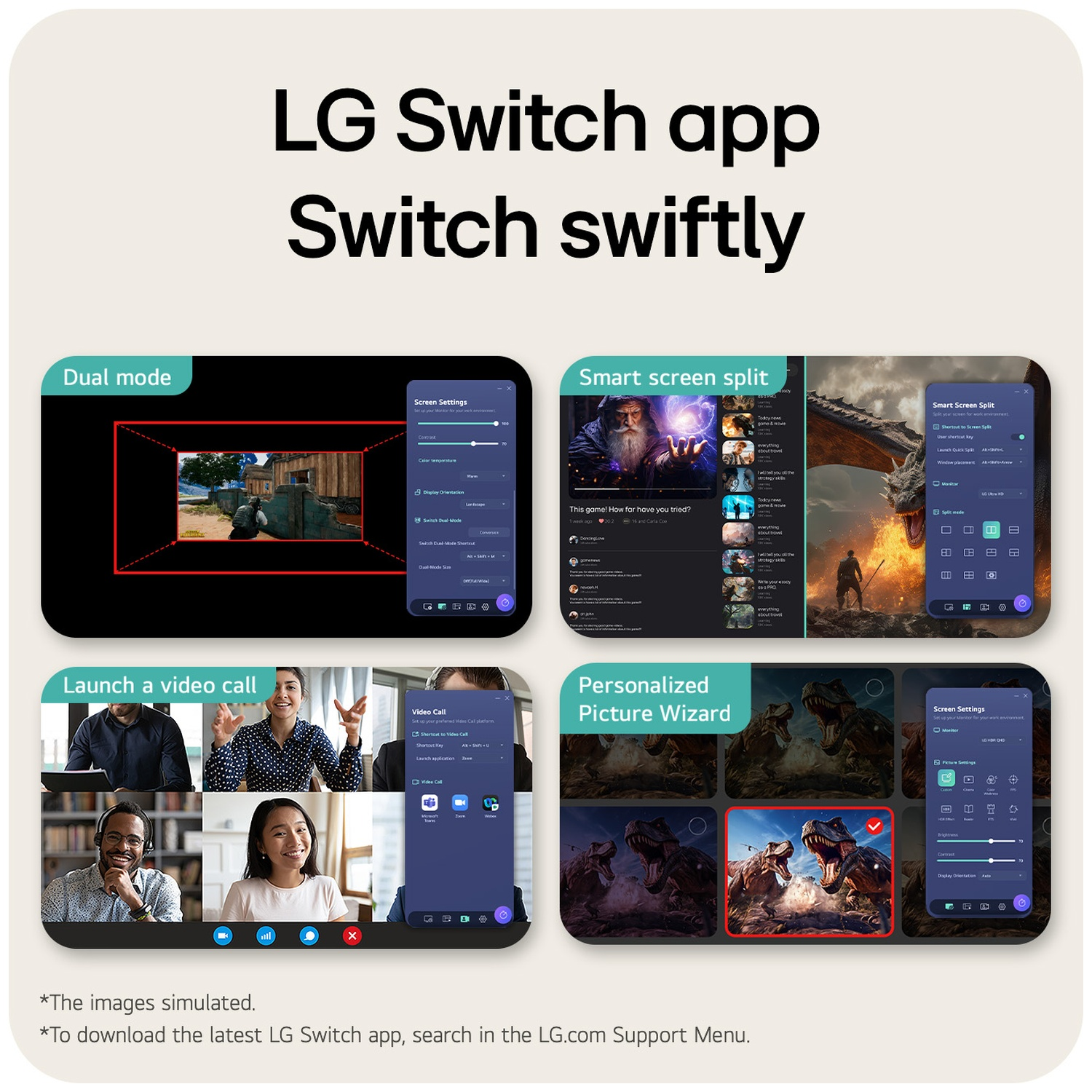LG Switch App: Dual mode, smart screen split, video calls, and personalized picture wizard.