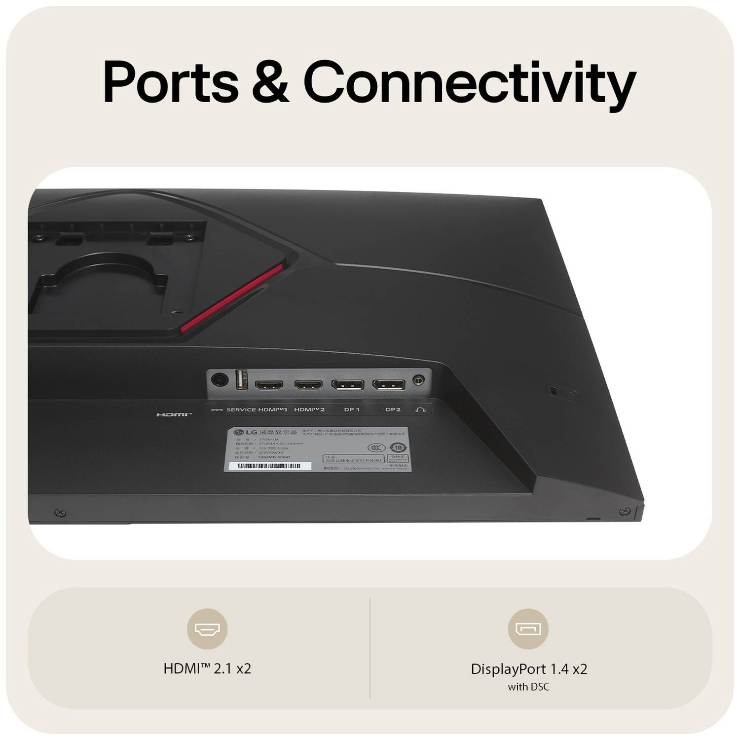 Monitor back showing ports: 2x HDMI 2.1, 2x DP 1.4.