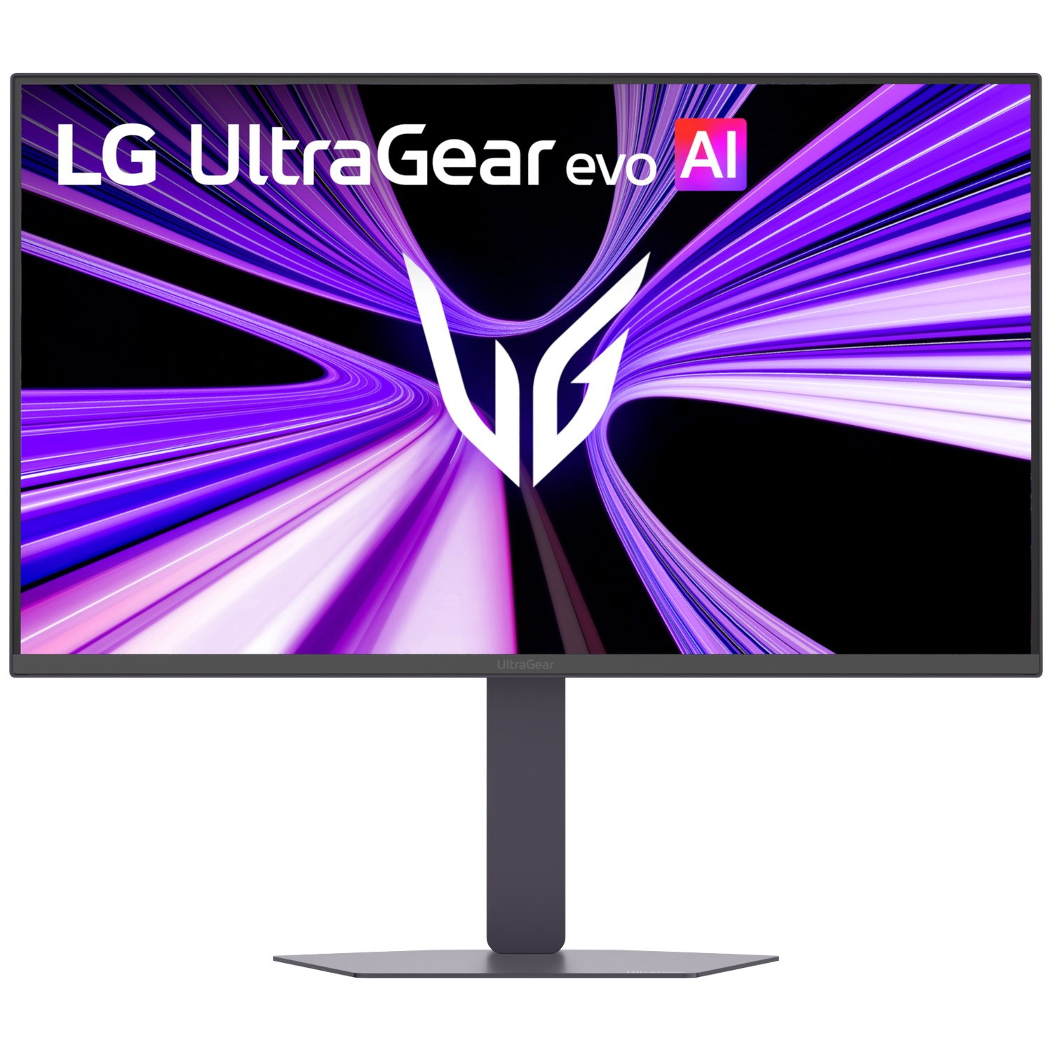 An LG UltraGear monitor displaying a purple and white patterned graphic.