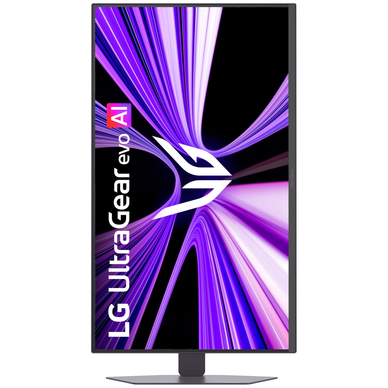 An LG UltraGear monitor displaying a vibrant purple and white abstract background.