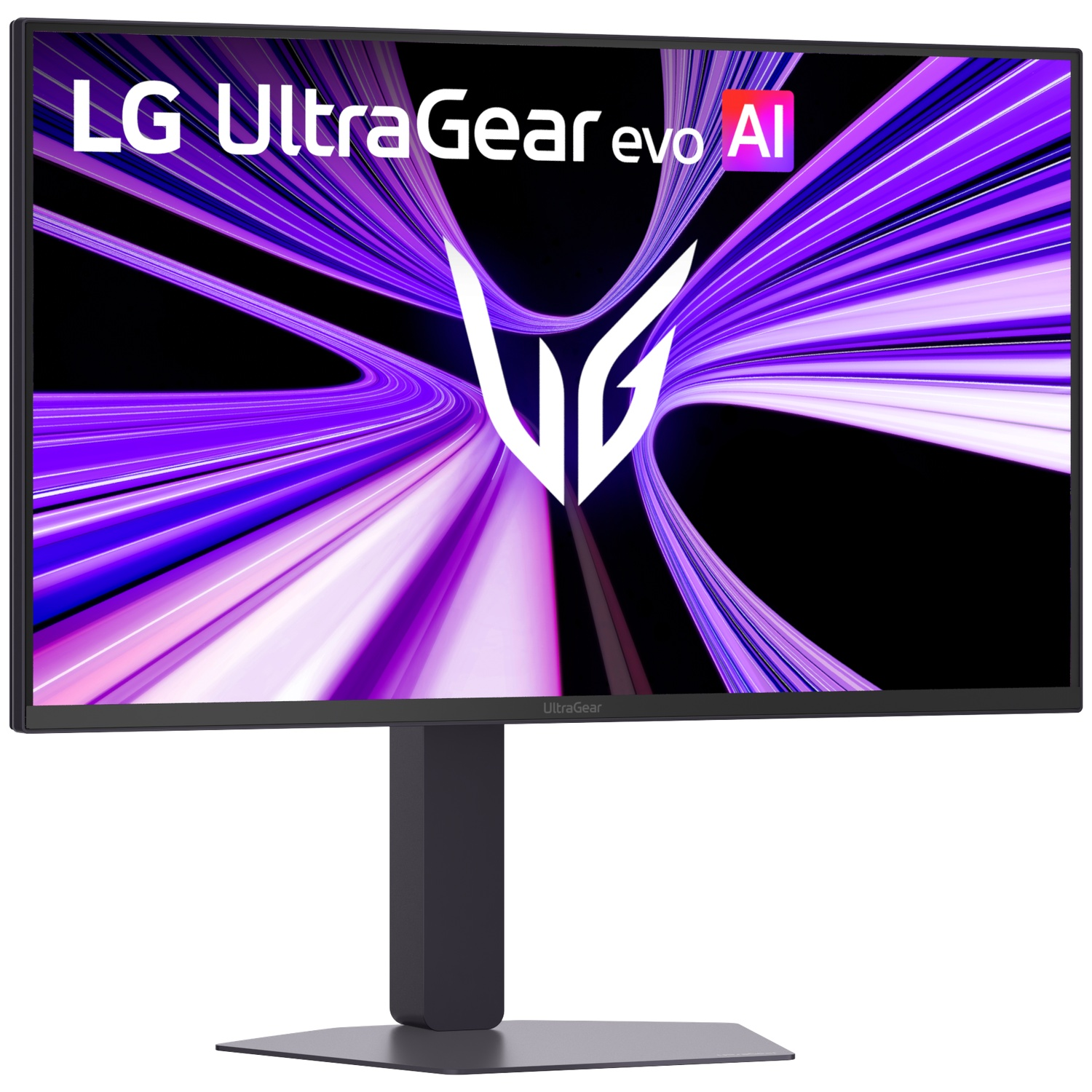 A black LG UltraGear monitor displaying a vibrant purple and white abstract design.