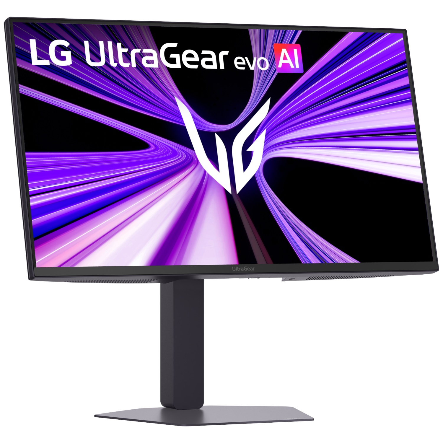 An LG UltraGear gaming monitor with a dynamic purple and white pattern on screen.