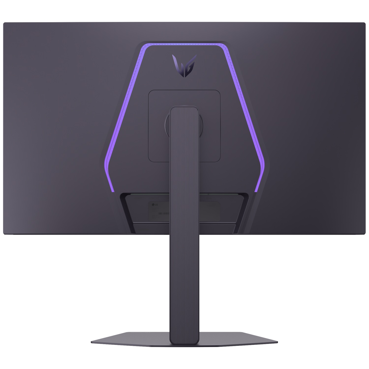 Back view of an LG monitor with purple accent lighting and a stand.