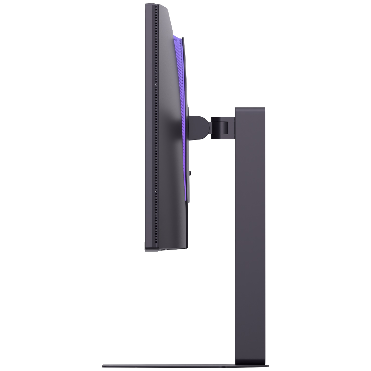 A dark computer monitor with purple edge lighting on a stand.