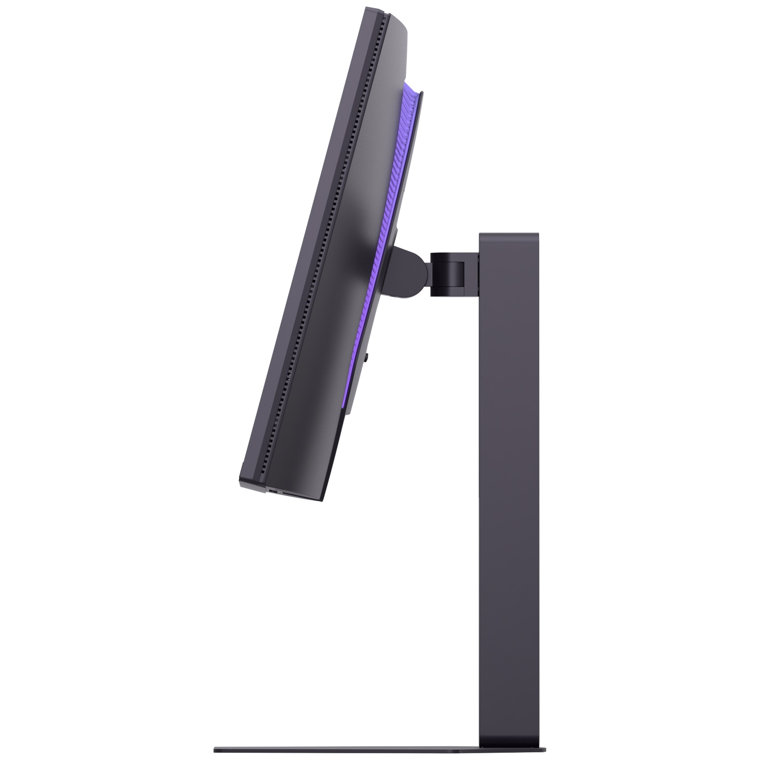 A black computer monitor with purple accents on a white background.