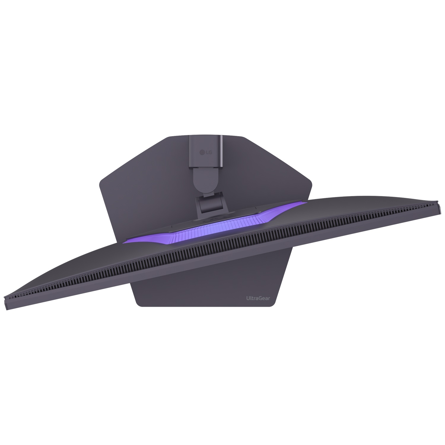 A gray LG UltraGear monitor back with purple accent lighting.