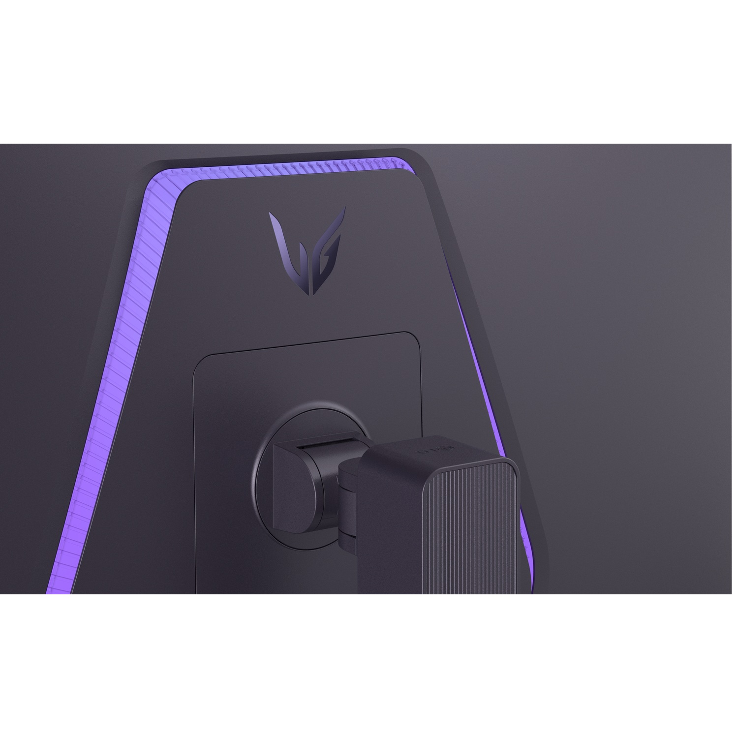 Close-up of a black monitor with purple lights and a logo.