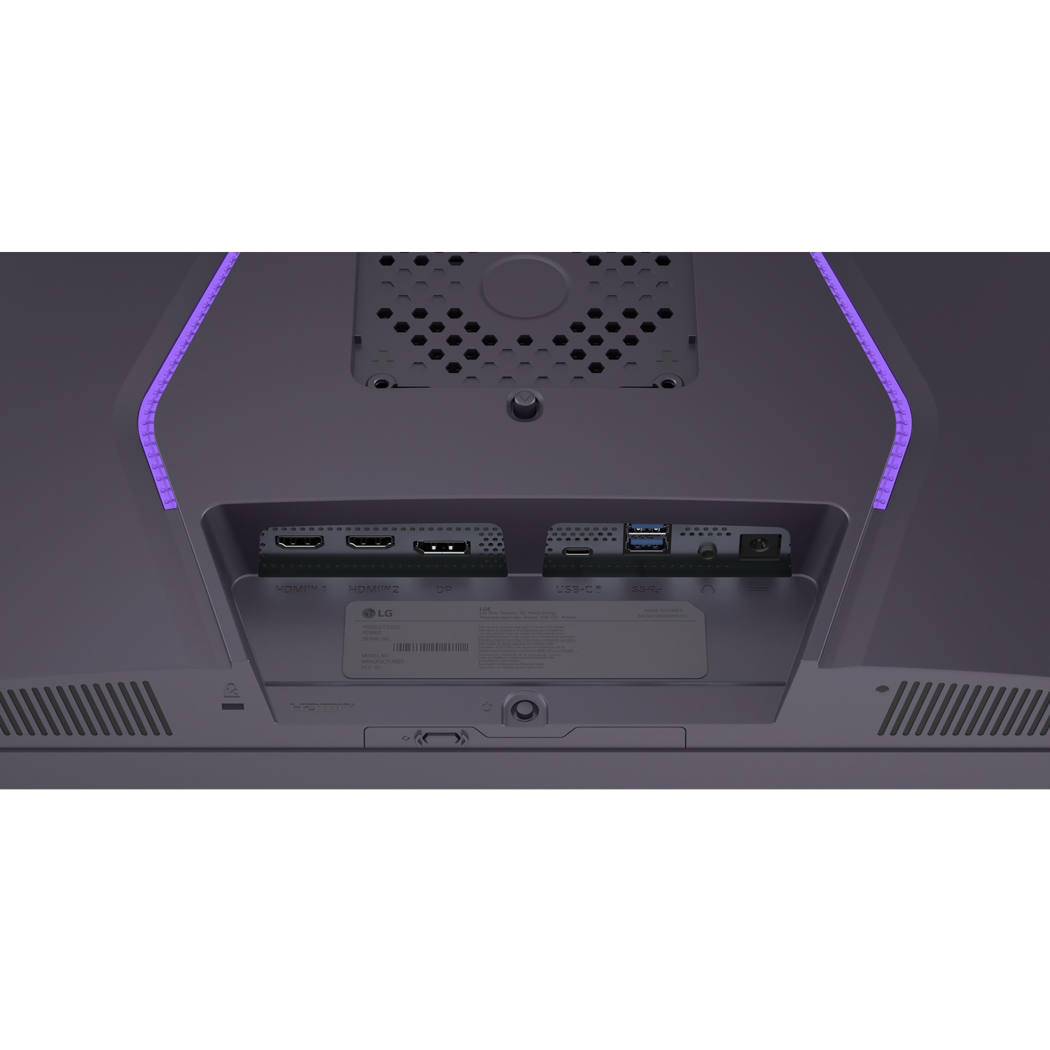 Back of a monitor showing ports: HDMI, DP, USB-C. Purple lights.