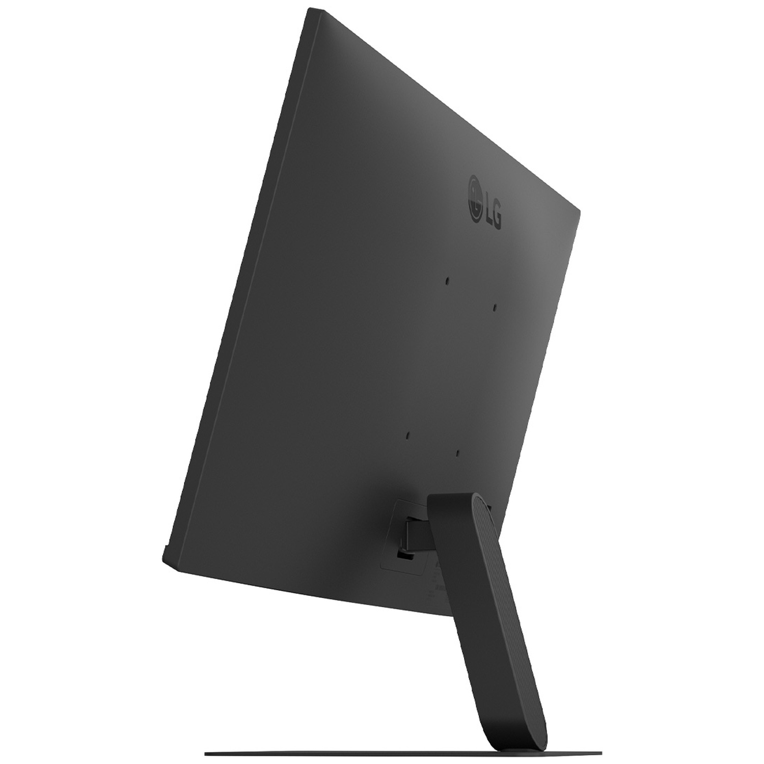 Back view of a black LG monitor with a slim stand.